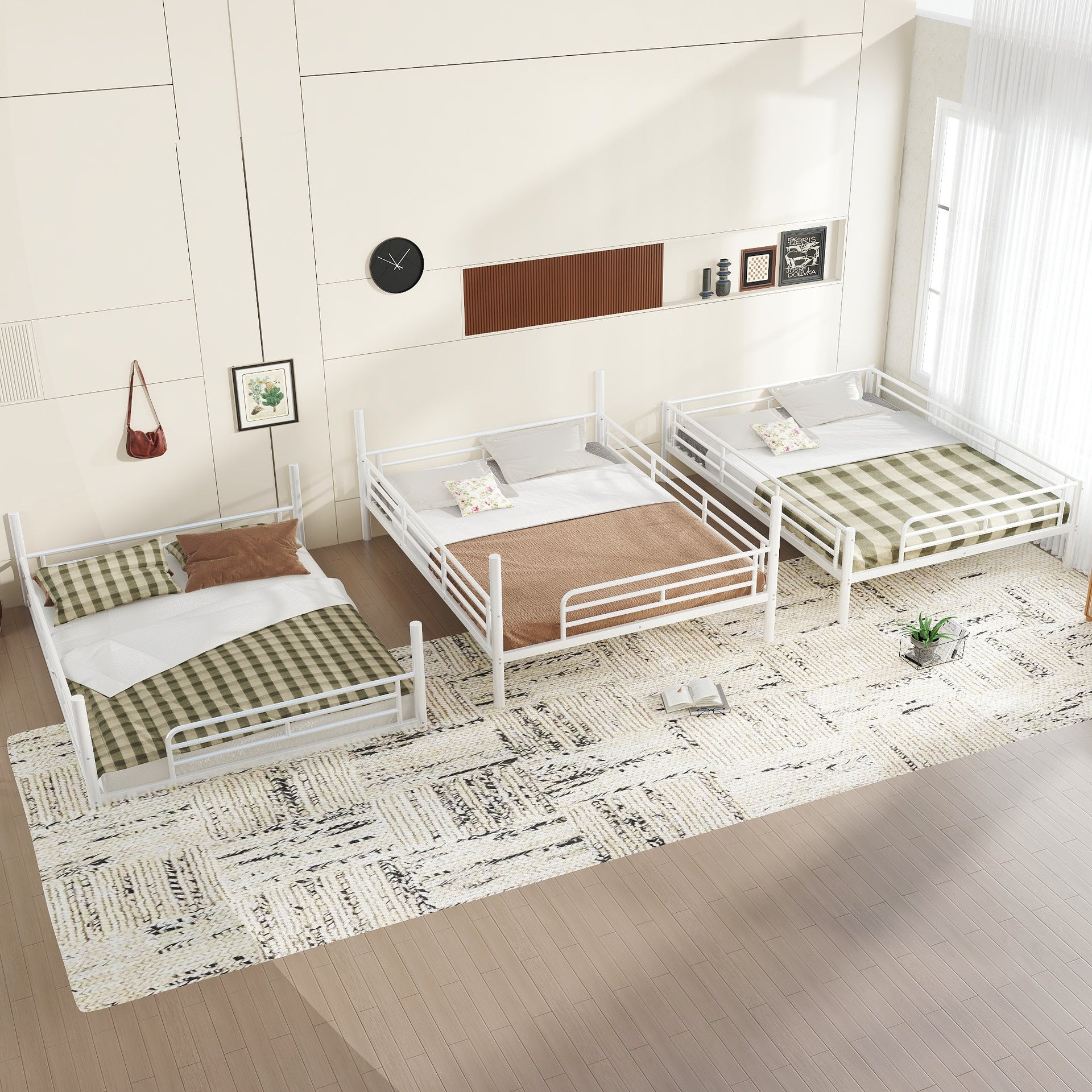 Queen over Queen over Queen Bunk Bed, Metal Triple Bunk Bed with Safety Guardrails, Heavy-duty Bunk Bed with Noise-reduced Design, White
