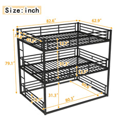 Queen over Queen over Queen Bunk Bed, Metal Triple Bunk Bed with Safety Guardrails, Heavy-duty Bunk Bed with Noise-reduced Design, Black