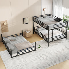 Queen over Queen over Queen Bunk Bed, Metal Triple Bunk Bed with Safety Guardrails, Heavy-duty Bunk Bed with Noise-reduced Design, Black