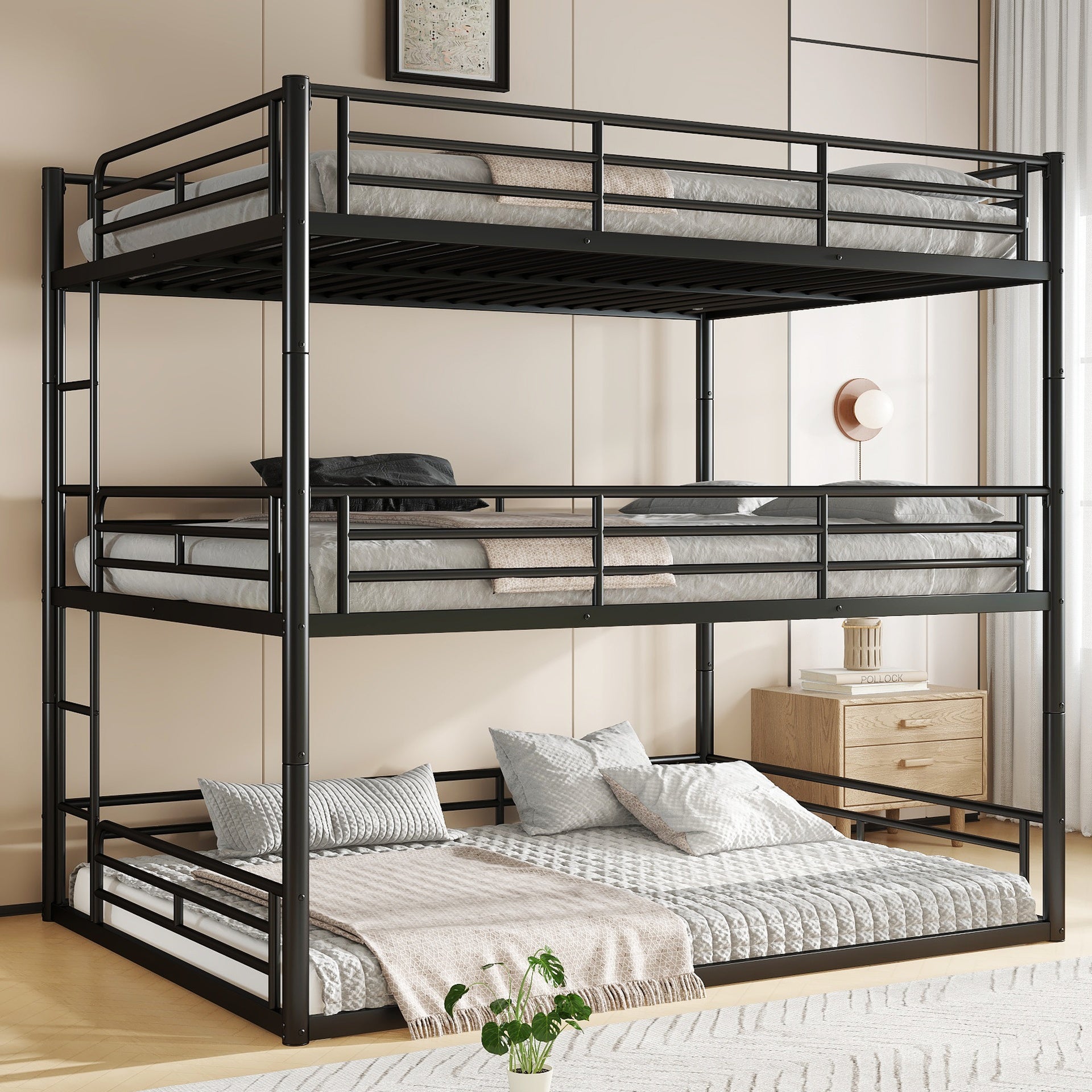 Queen over Queen over Queen Bunk Bed, Metal Triple Bunk Bed with Safety Guardrails, Heavy-duty Bunk Bed with Noise-reduced Design, Black