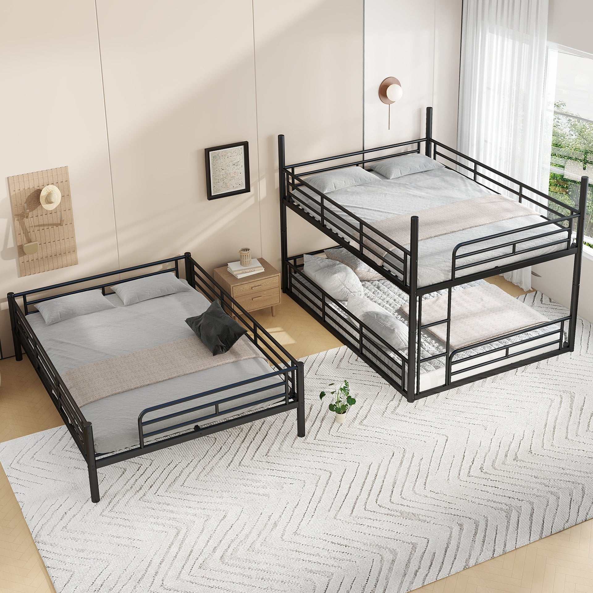 Queen over Queen over Queen Bunk Bed, Metal Triple Bunk Bed with Safety Guardrails, Heavy-duty Bunk Bed with Noise-reduced Design, Black