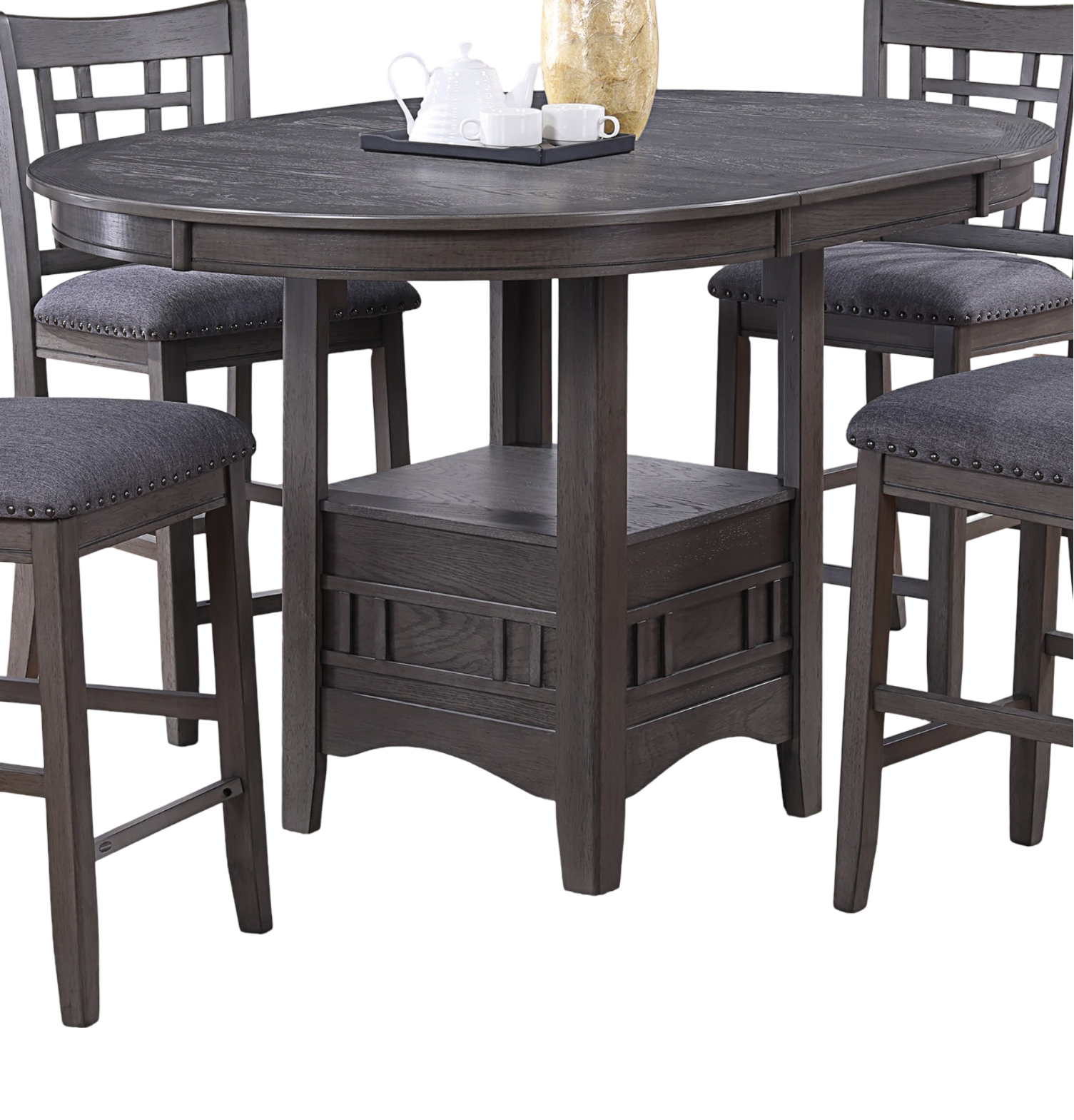 Dining Table Round Counter height Dining Table w Shelve 1pc Table Only Built In Leaf Solid wood Gray Finish