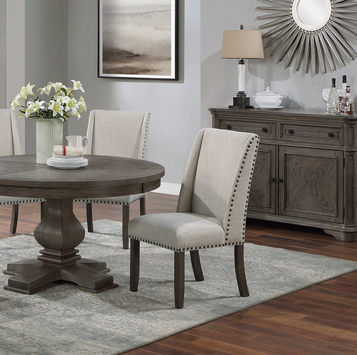 Traditional Formal 5pc Dining Set Round Table 4x Side Chairs Pedestal Base Oak Finish Table Wingback Design Chair Upholstered Cushion Dining Room