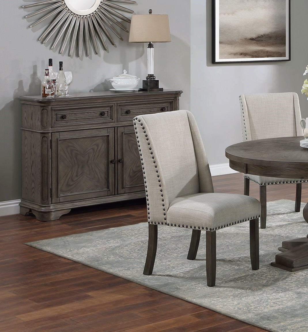 Traditional Formal 5pc Dining Set Round Table 4x Side Chairs Pedestal Base Oak Finish Table Wingback Design Chair Upholstered Cushion Dining Room
