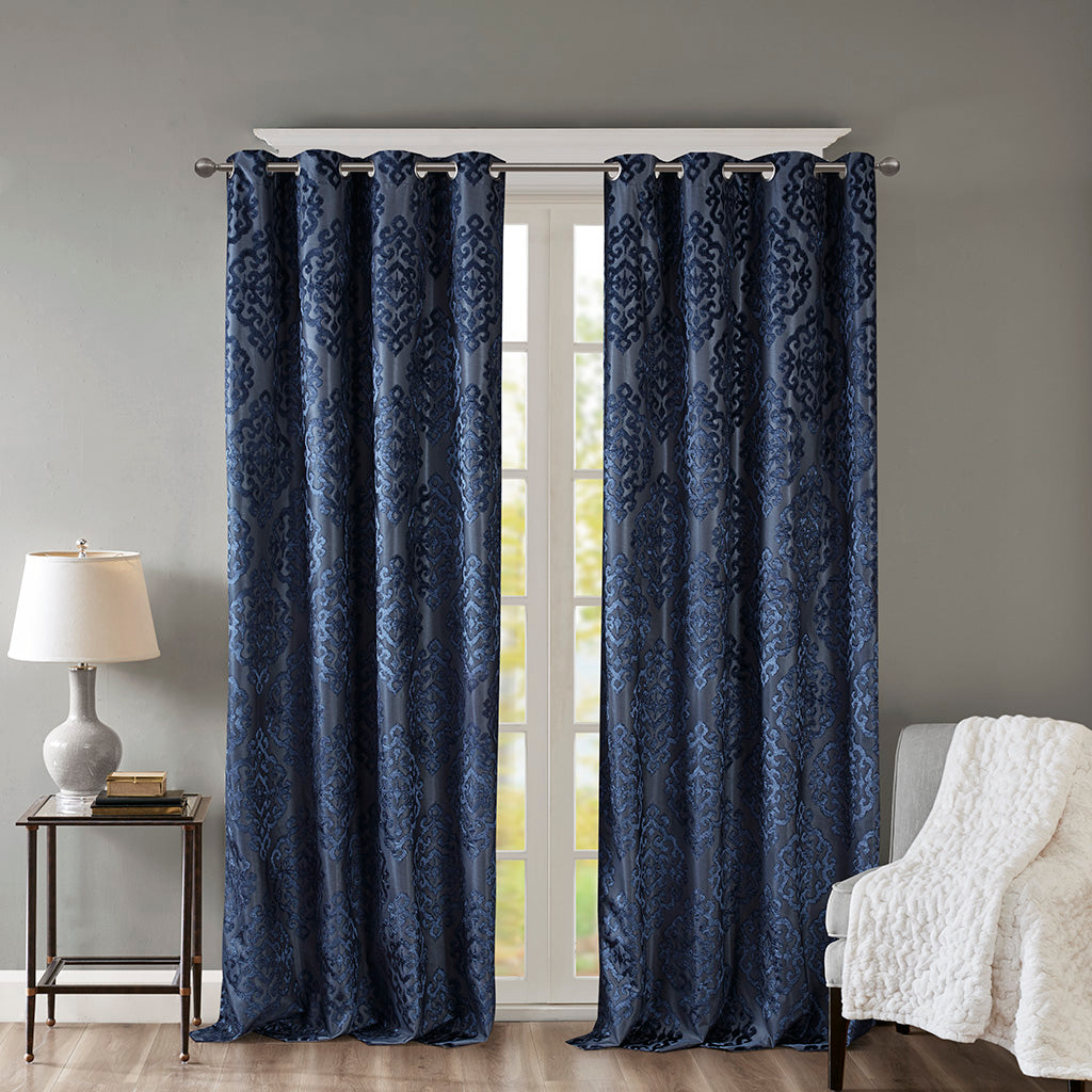 Knitted Jacquard Damask Total Blackout Grommet Top Curtain Panel(Only 1 Pc Panel)