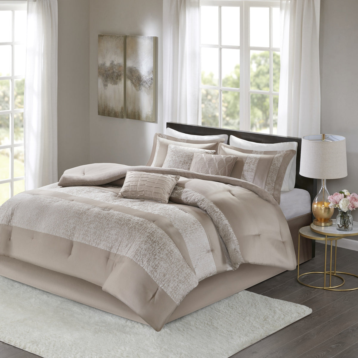 7 Piece Chenille Jacquard Comforter Set Taupe Cal King