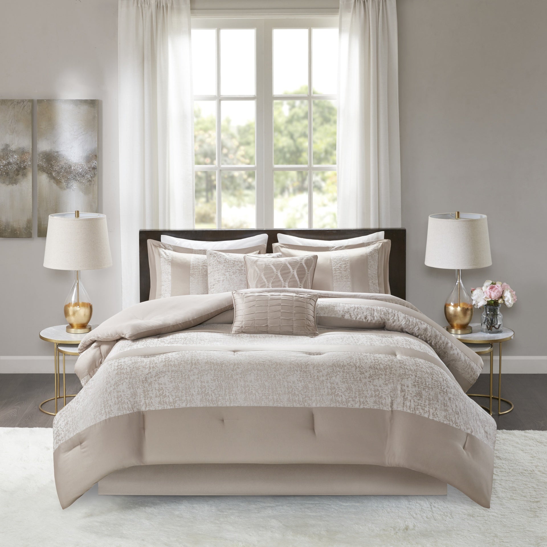 7 Piece Chenille Jacquard Comforter Set Taupe Cal King