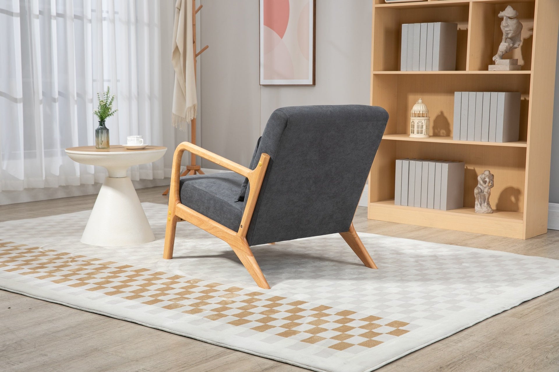 Mid Century Modern Accent Chair with Wood Frame, Upholstered Living Room Chairs with Waist Cushion, Reading Armchair for Bedroom Sunroom