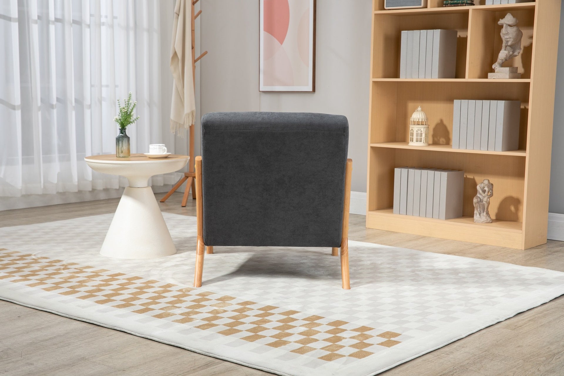 Mid Century Modern Accent Chair with Wood Frame, Upholstered Living Room Chairs with Waist Cushion, Reading Armchair for Bedroom Sunroom