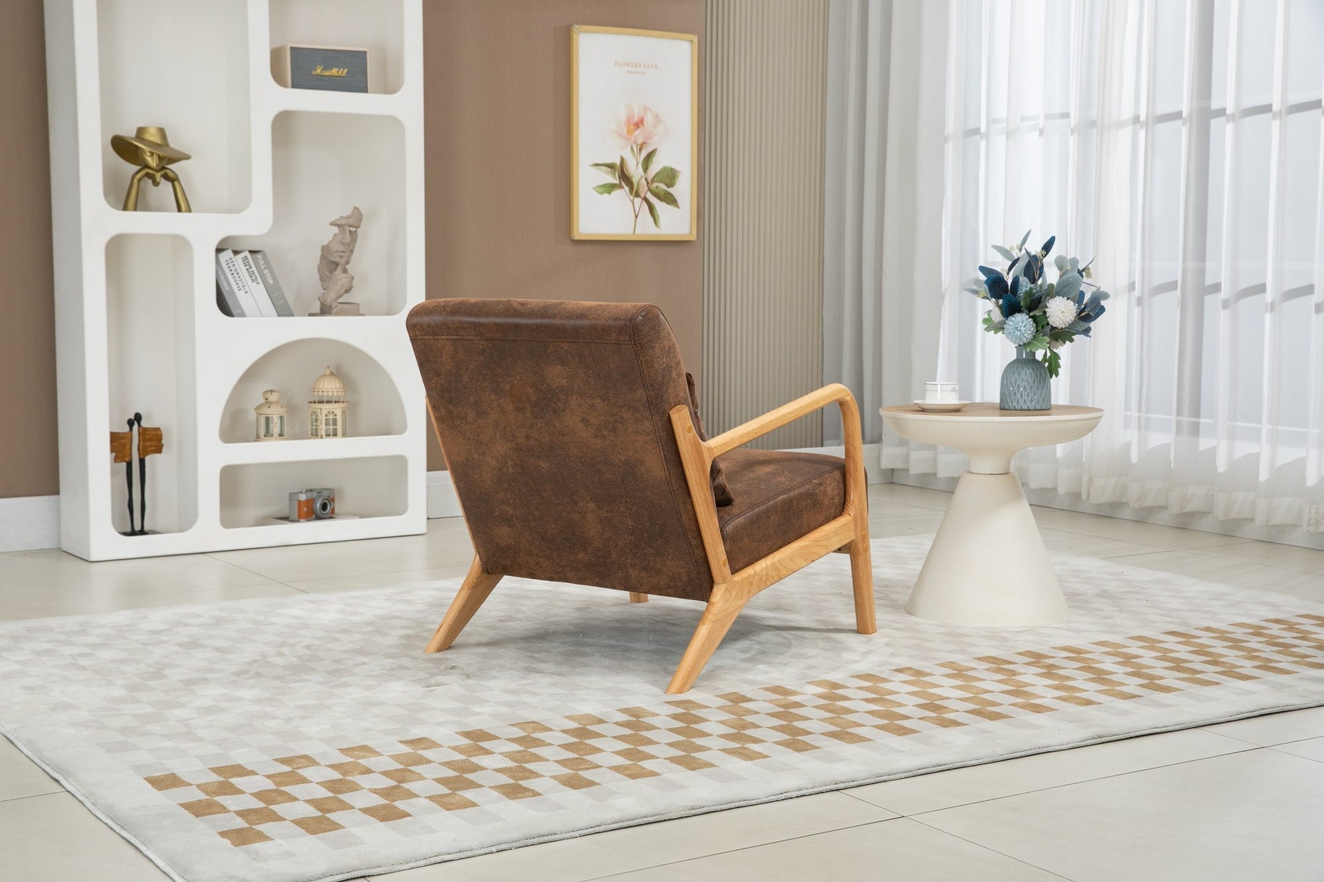 Mid Century Modern Accent Chair with Wood Frame, Upholstered Living Room Chairs with Waist Cushion, Reading Armchair for Bedroom Sunroom