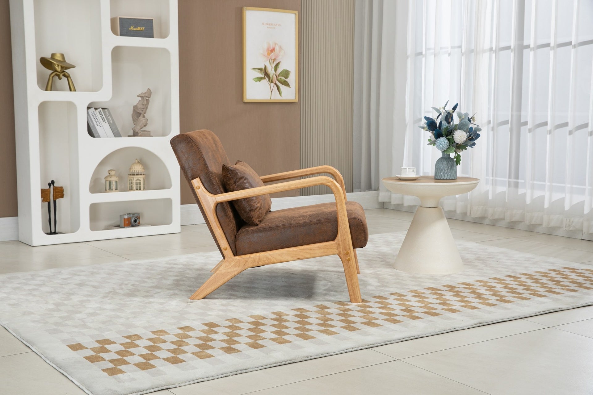 Mid Century Modern Accent Chair with Wood Frame, Upholstered Living Room Chairs with Waist Cushion, Reading Armchair for Bedroom Sunroom