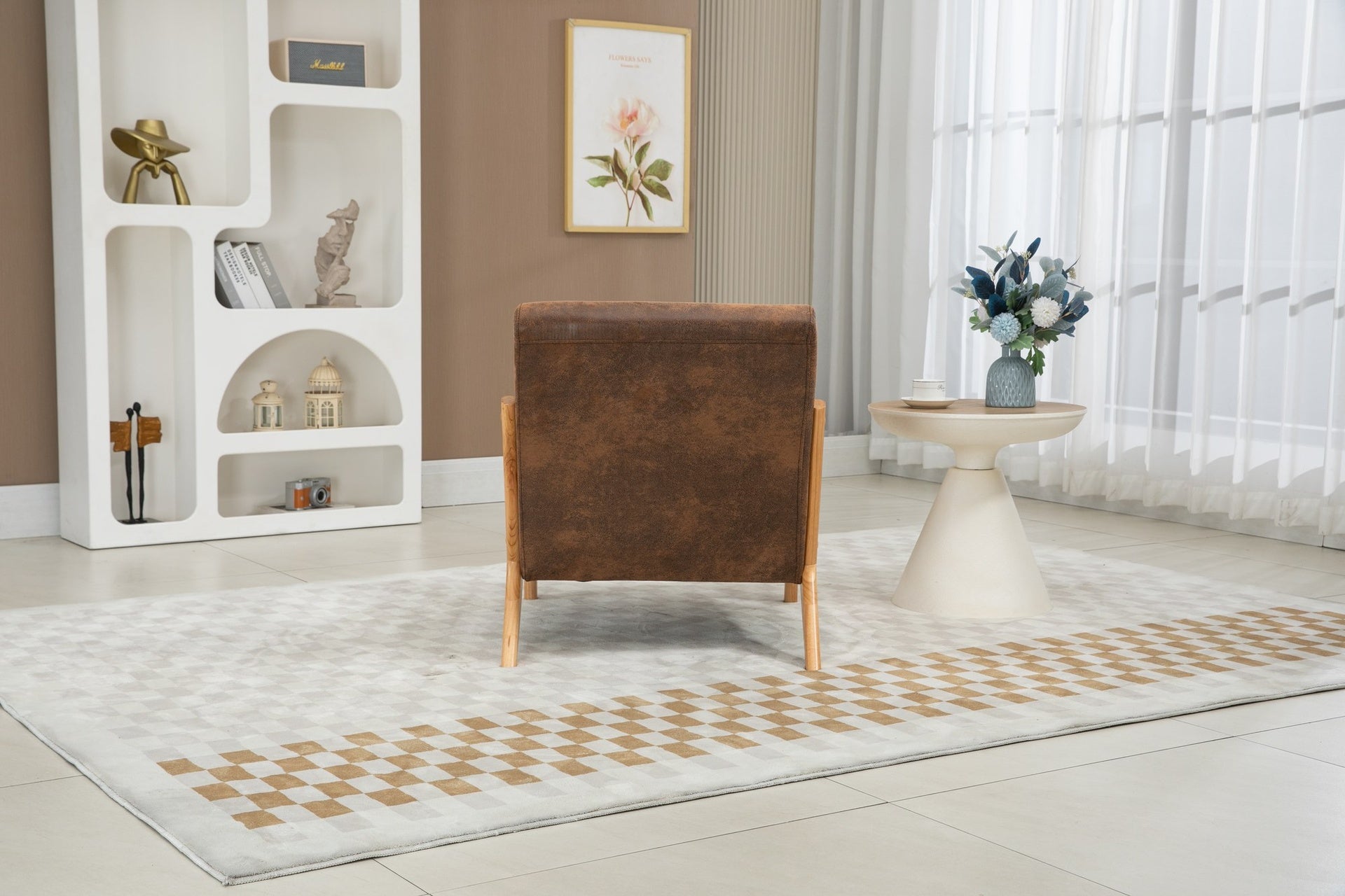 Mid Century Modern Accent Chair with Wood Frame, Upholstered Living Room Chairs with Waist Cushion, Reading Armchair for Bedroom Sunroom