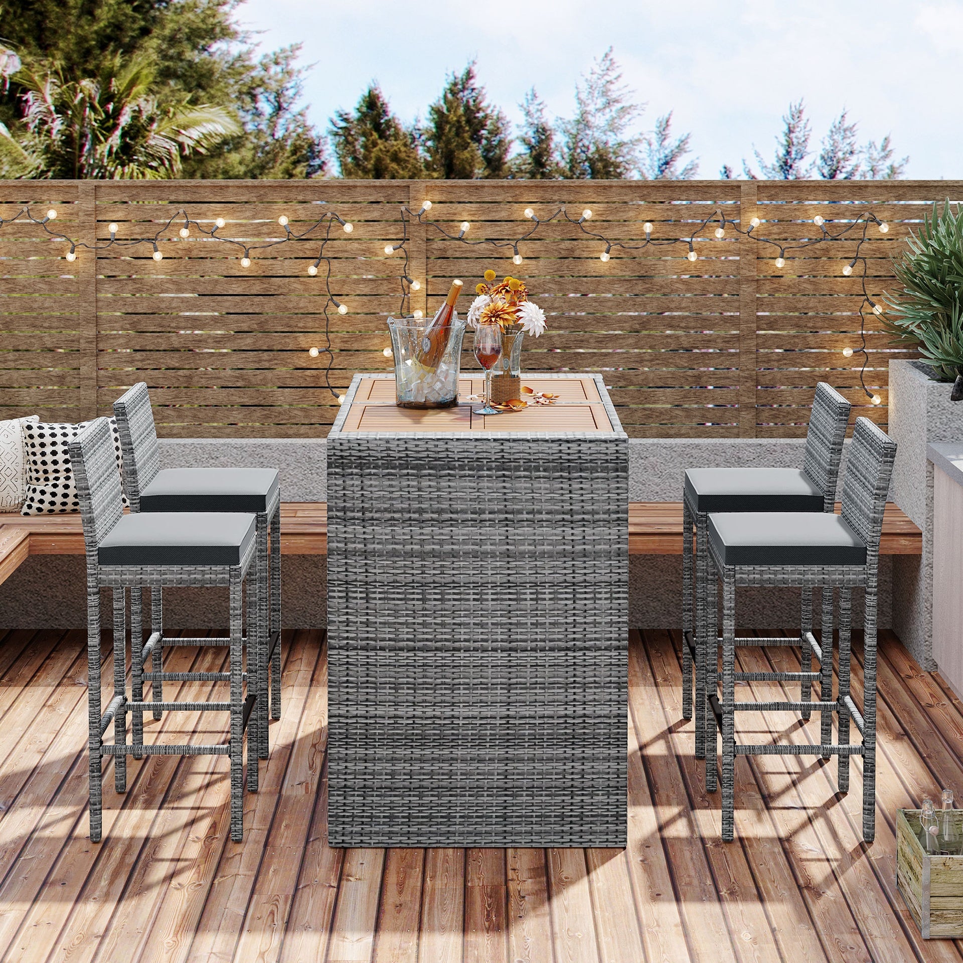 <Old SKU: FG201216AAE> GO 5-pieces Outdoor Patio Wicker Bar Set, Bar Height Chairs With Non-Slip Feet And Fixed Rope, Removable Cushion, Acacia Wood Table Top, Brown Wood And Gray Wicker
