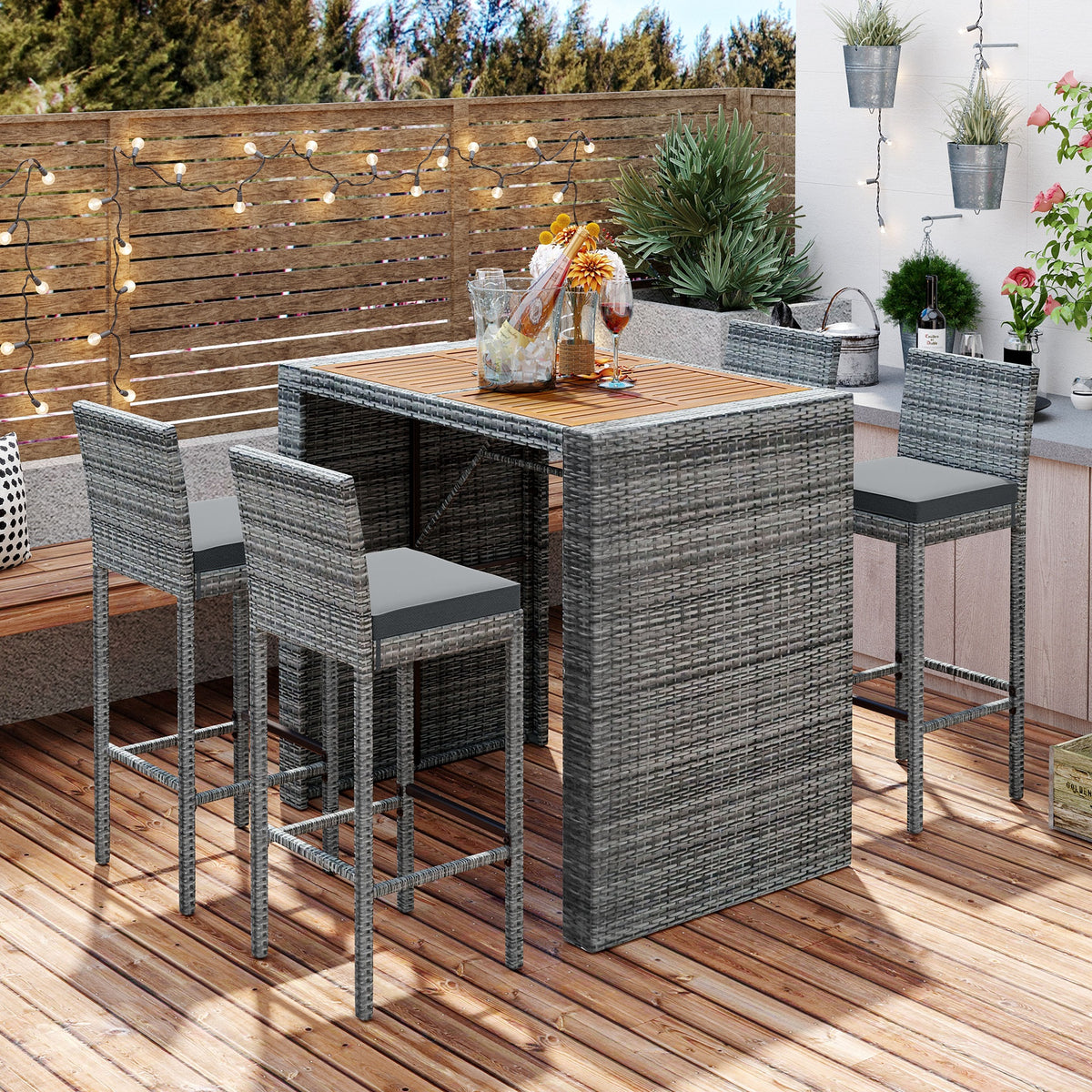<Old SKU: FG201216AAE> GO 5-pieces Outdoor Patio Wicker Bar Set, Bar Height Chairs With Non-Slip Feet And Fixed Rope, Removable Cushion, Acacia Wood Table Top, Brown Wood And Gray Wicker