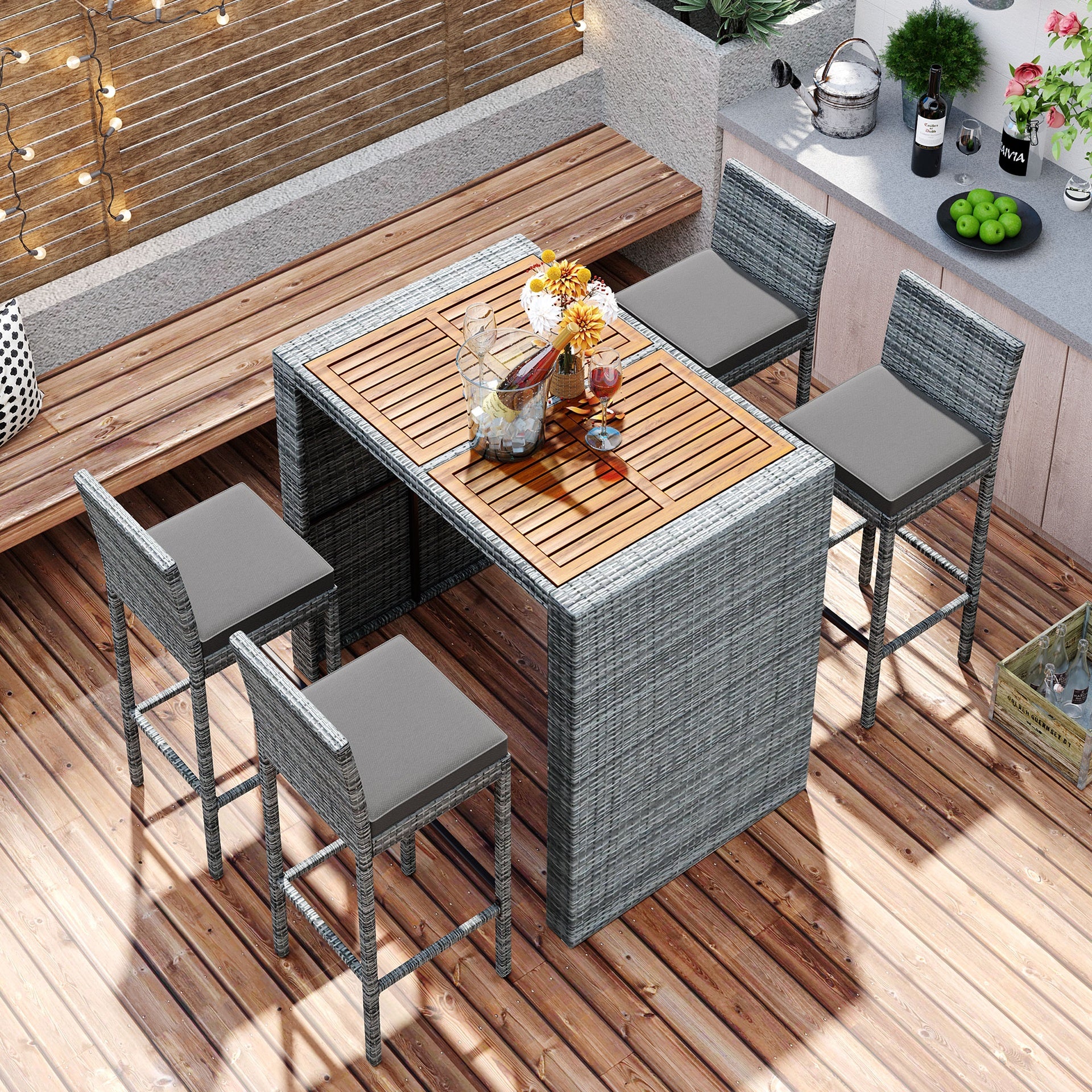 <Old SKU: FG201216AAE> GO 5-pieces Outdoor Patio Wicker Bar Set, Bar Height Chairs With Non-Slip Feet And Fixed Rope, Removable Cushion, Acacia Wood Table Top, Brown Wood And Gray Wicker