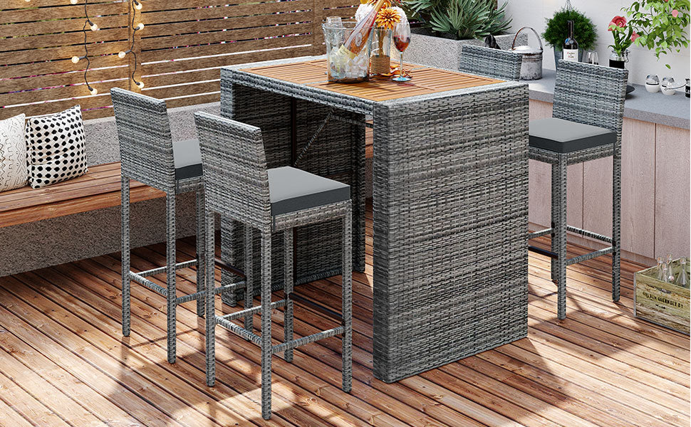 <Old SKU: FG201216AAE> GO 5-pieces Outdoor Patio Wicker Bar Set, Bar Height Chairs With Non-Slip Feet And Fixed Rope, Removable Cushion, Acacia Wood Table Top, Brown Wood And Gray Wicker