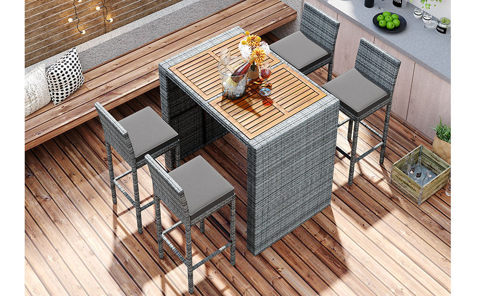 <Old SKU: FG201216AAE> GO 5-pieces Outdoor Patio Wicker Bar Set, Bar Height Chairs With Non-Slip Feet And Fixed Rope, Removable Cushion, Acacia Wood Table Top, Brown Wood And Gray Wicker
