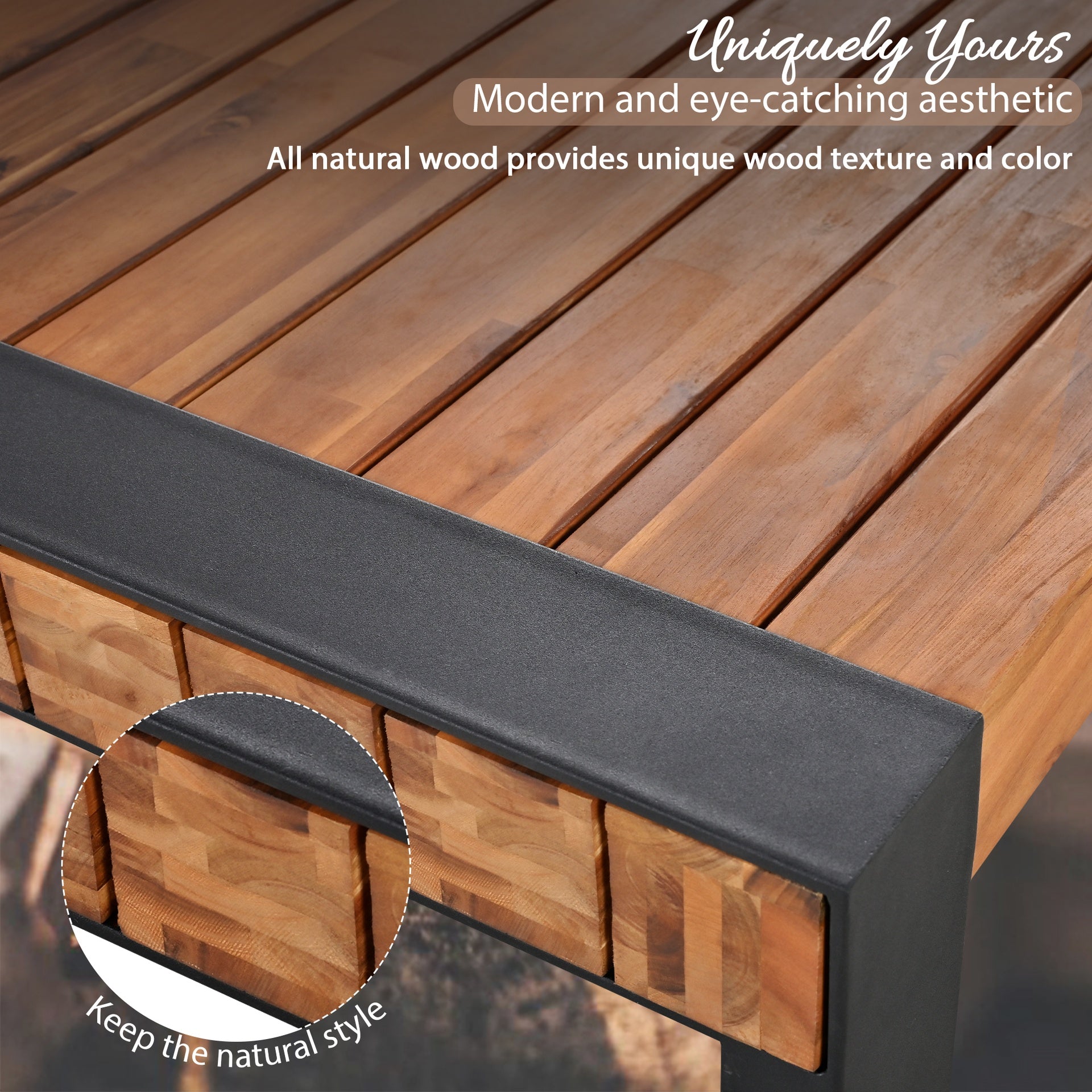 <Old SKU: FG201232AAA> GO 3-pieces Outdoor Dining Table With 2 Benches, Patio Dining Set With Unique Top Texture, Acacia Wood Top & Steel Frame, All Weather Use, For Outdoor & Indoor, Natural