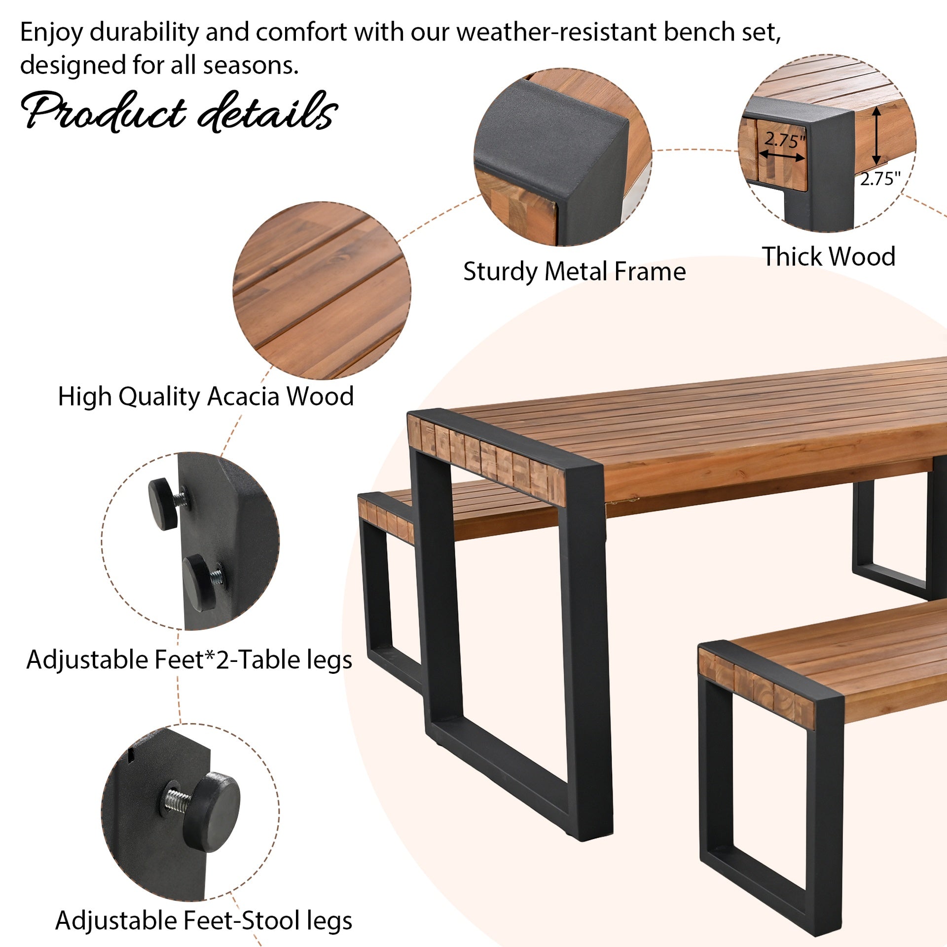 <Old SKU: FG201232AAA> GO 3-pieces Outdoor Dining Table With 2 Benches, Patio Dining Set With Unique Top Texture, Acacia Wood Top & Steel Frame, All Weather Use, For Outdoor & Indoor, Natural