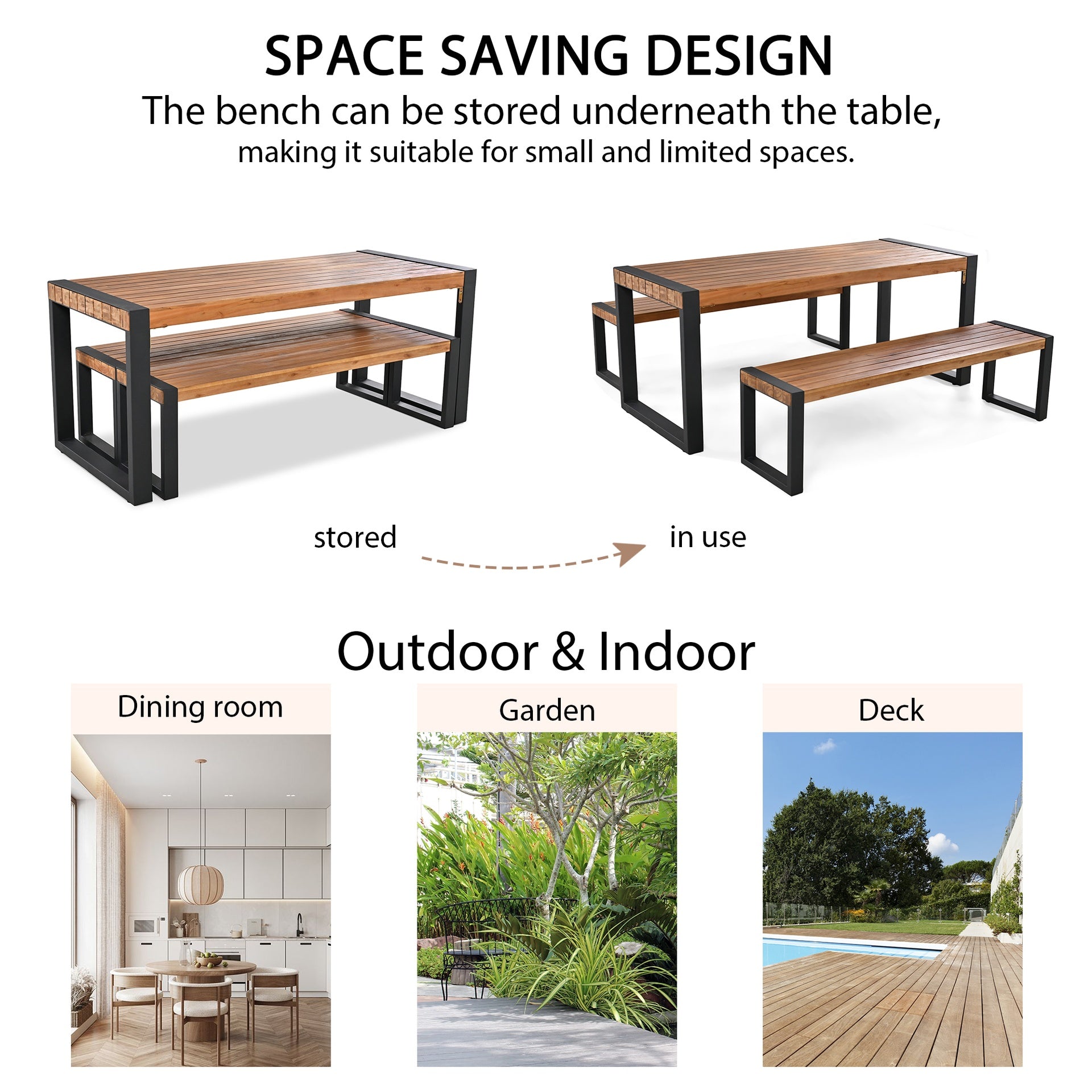 <Old SKU: FG201232AAA> GO 3-pieces Outdoor Dining Table With 2 Benches, Patio Dining Set With Unique Top Texture, Acacia Wood Top & Steel Frame, All Weather Use, For Outdoor & Indoor, Natural