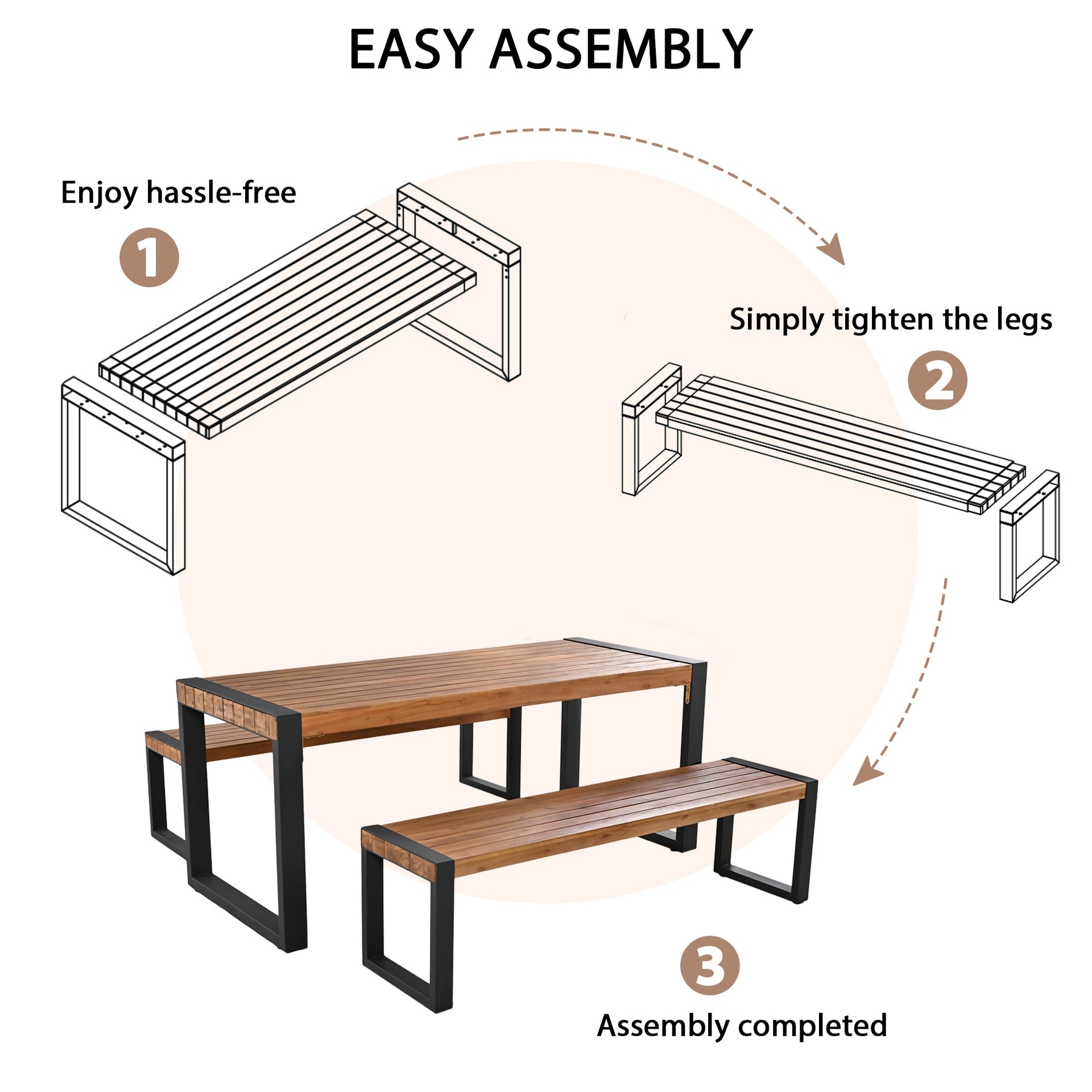 <Old SKU: FG201232AAA> GO 3-pieces Outdoor Dining Table With 2 Benches, Patio Dining Set With Unique Top Texture, Acacia Wood Top & Steel Frame, All Weather Use, For Outdoor & Indoor, Natural