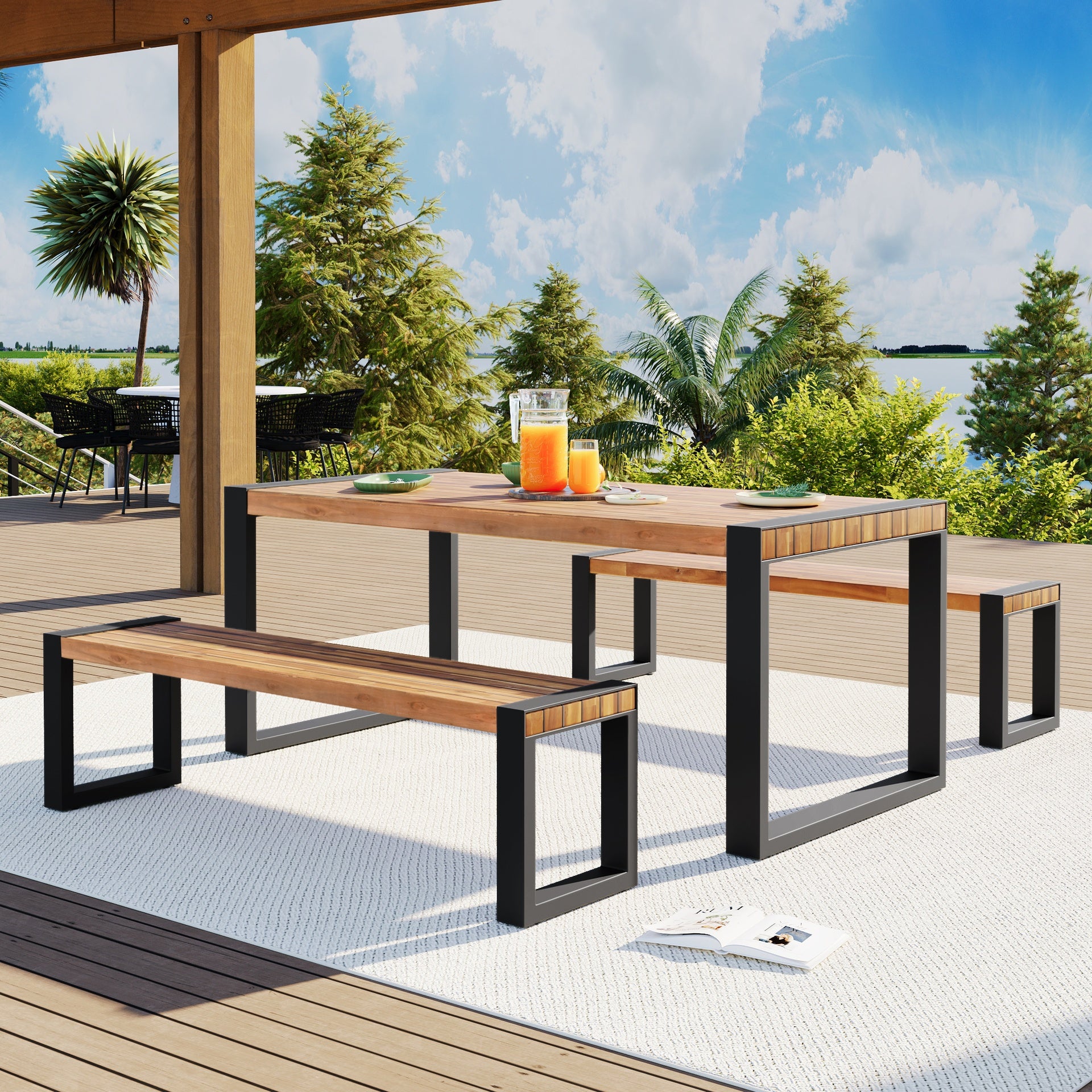 <Old SKU: FG201232AAA> GO 3-pieces Outdoor Dining Table With 2 Benches, Patio Dining Set With Unique Top Texture, Acacia Wood Top & Steel Frame, All Weather Use, For Outdoor & Indoor, Natural