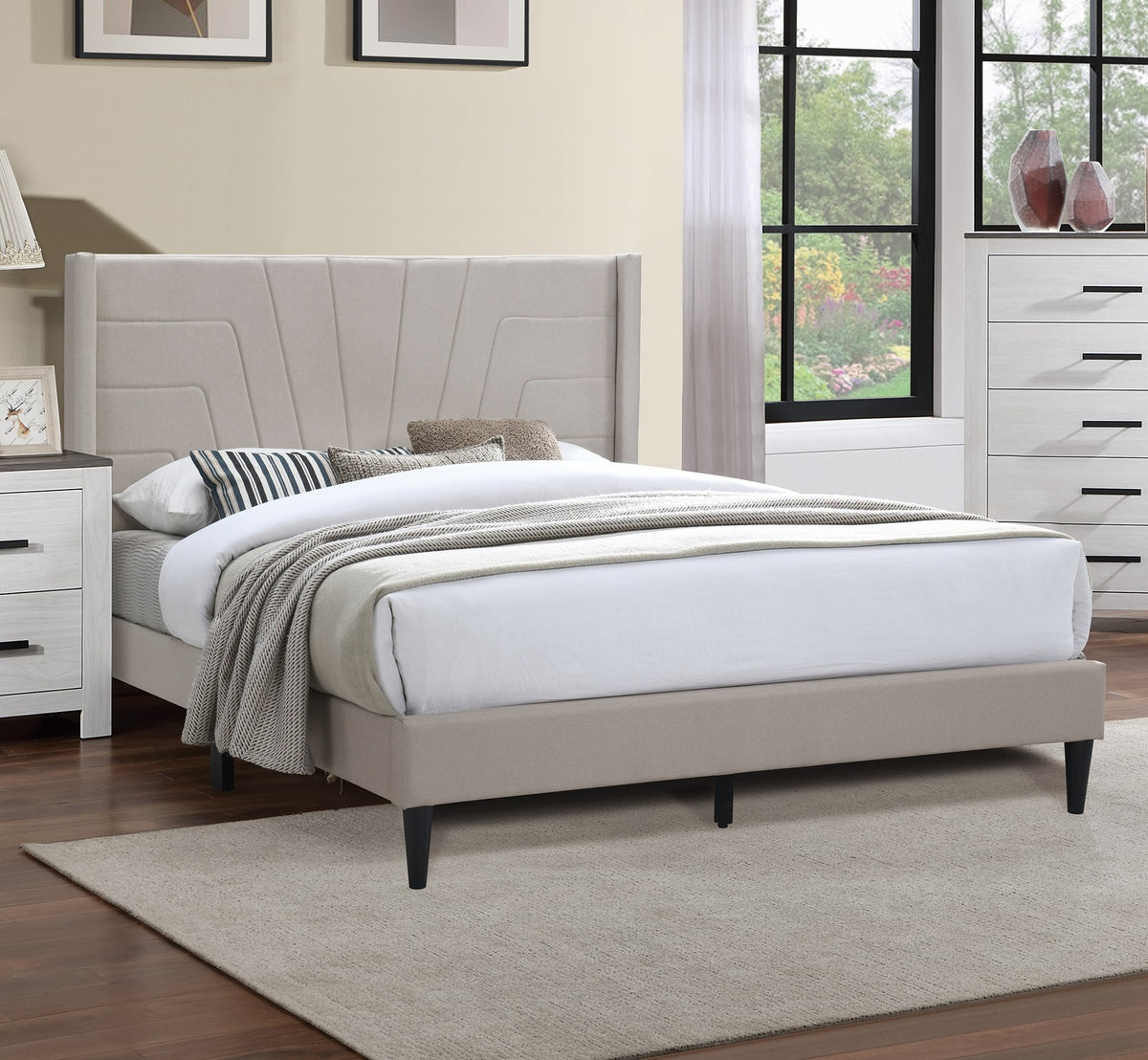 Light Brown Color 1pc Eastern King Size Bed Burlap Fabric Headboard Upholstered Bedroom Furniture Platform Bedframe