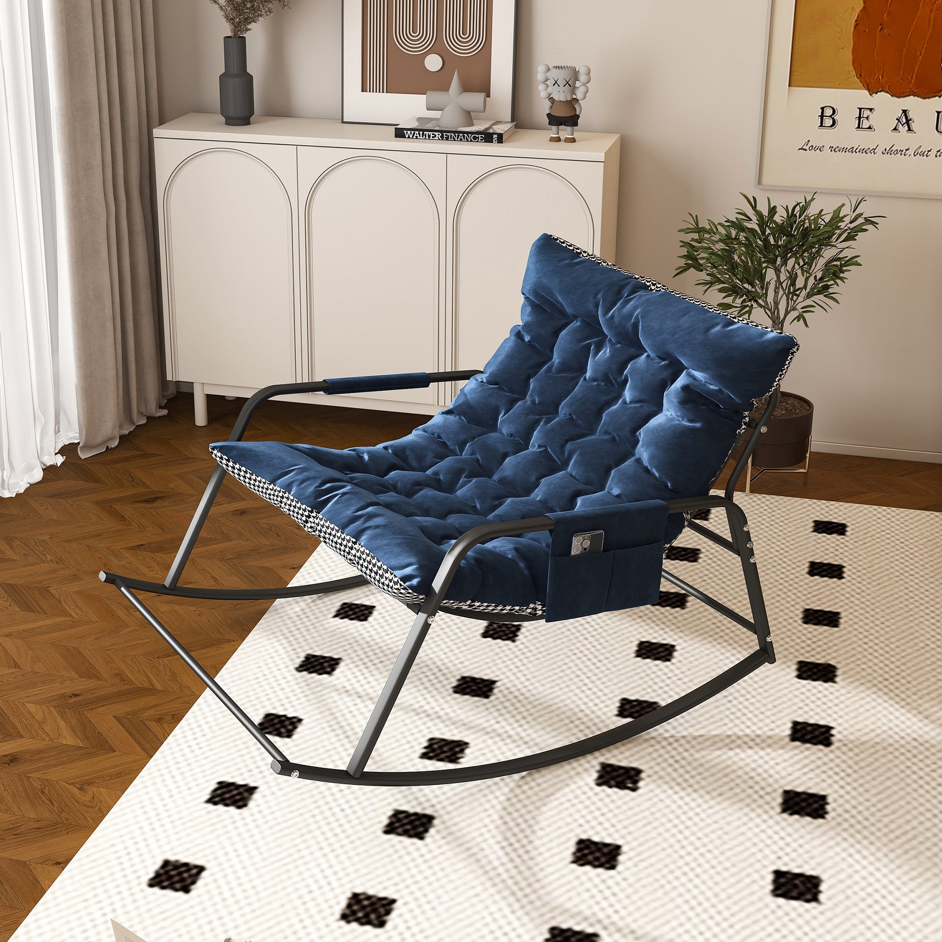 Rocking Chair with Storage, Cushions & Armrests, All-Season Comfort Lounge Recliner, Breathable Ergonomic Lounge Chair for Bedroom, Living Room, Patio, Garden(Blue)