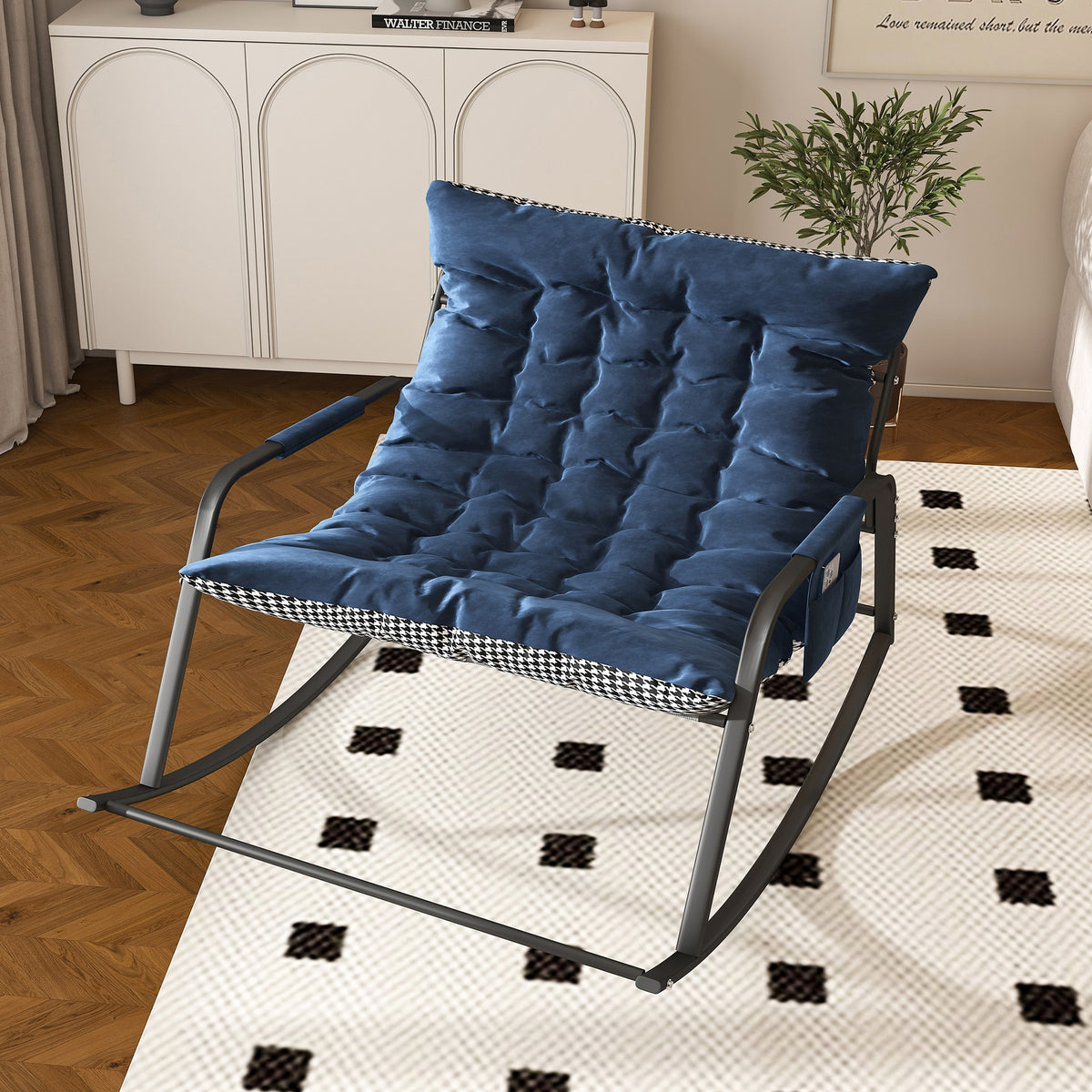 Rocking Chair with Storage, Cushions & Armrests, All-Season Comfort Lounge Recliner, Breathable Ergonomic Lounge Chair for Bedroom, Living Room, Patio, Garden(Blue)