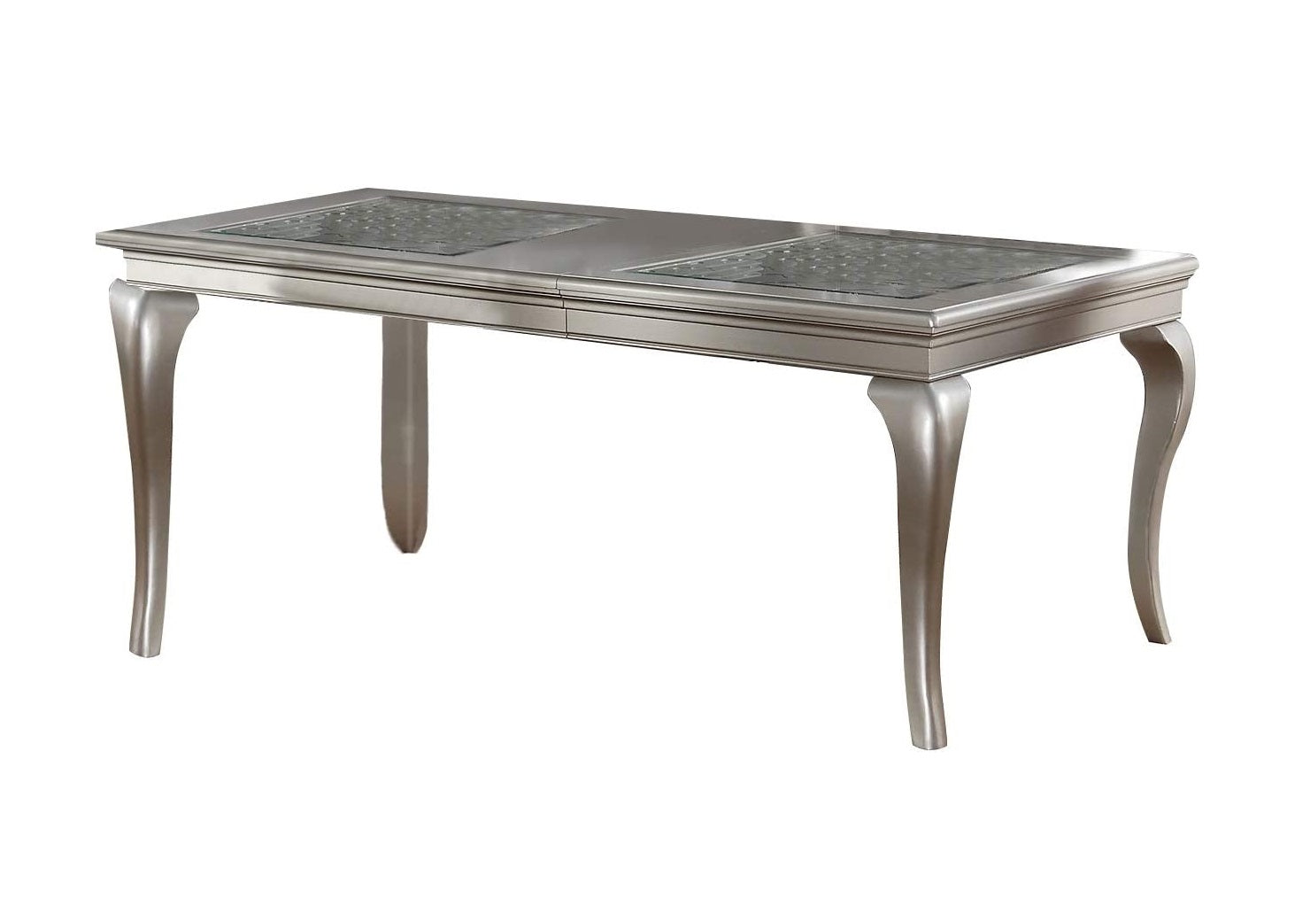 Dining Table Rectangle Glass inert Top Silver Hue 7pc Dining Table 6x Side Chairs Tufted Back Dining Room Furniture