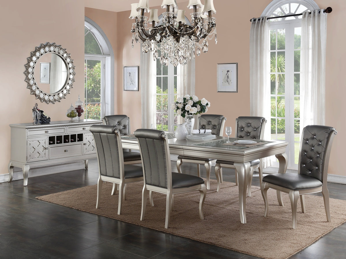 Dining Table Rectangle Glass inert Top Silver Hue 7pc Dining Table 6x Side Chairs Tufted Back Dining Room Furniture