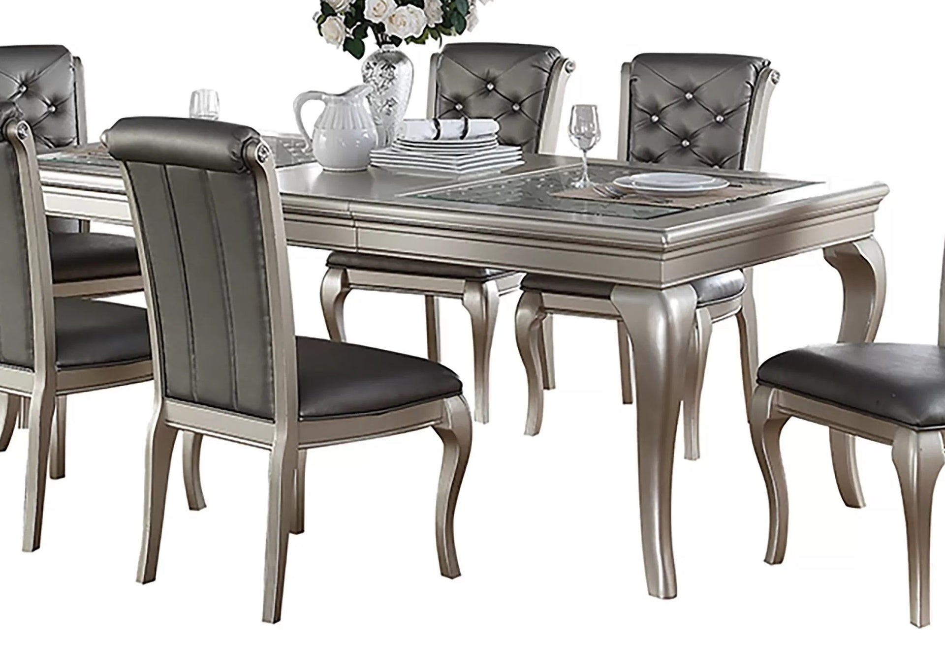 Traditional Dining Table Rectangle Table Silver Hue 1pc Dining Table Glass Insert Dining Room Furniture