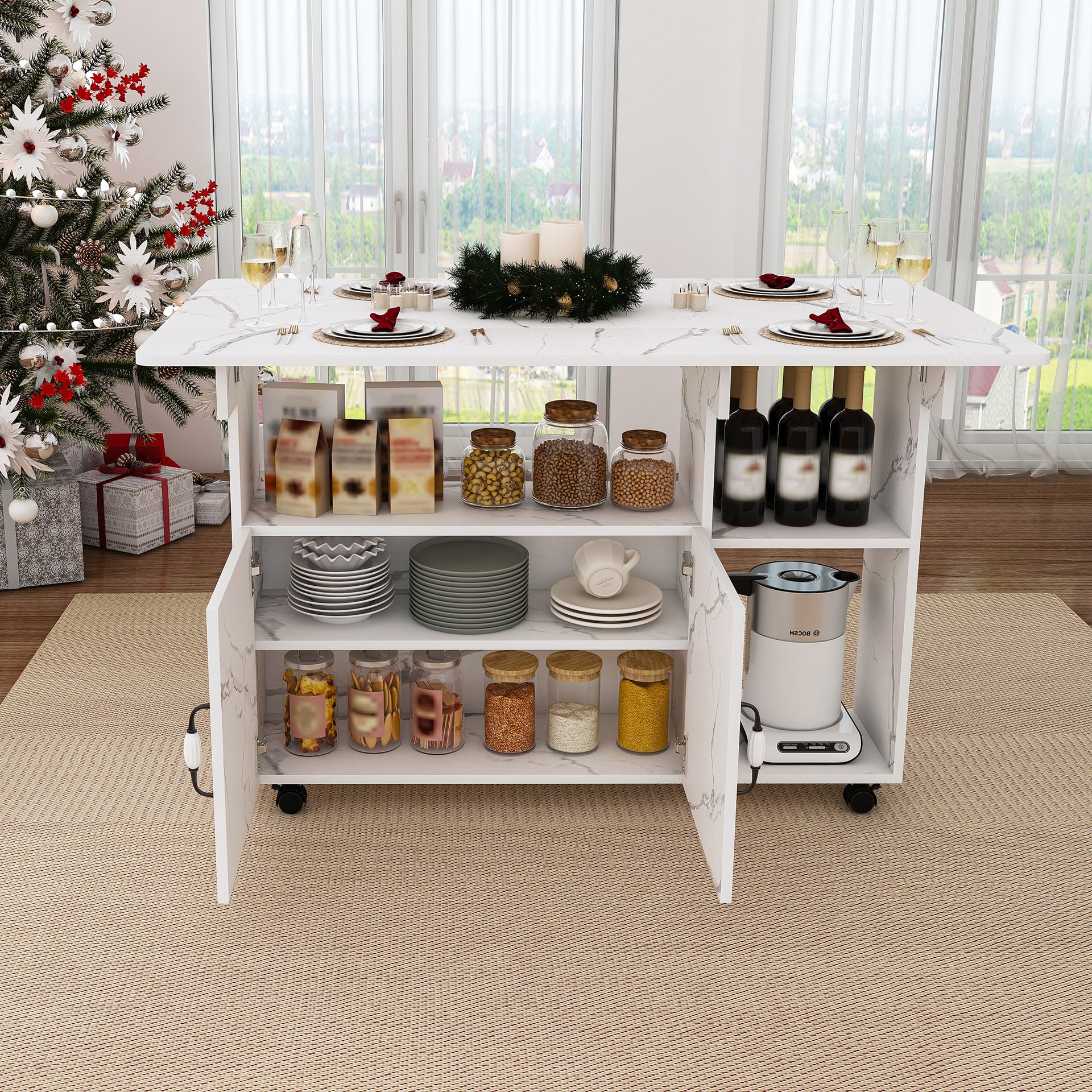 Multi-Functional Folding Table with Storage Shelves and Wheels, 47 Inch Foldable Dining Table for Small Spaces, Compact Desk for Kitchen, Dorm, Office(White)