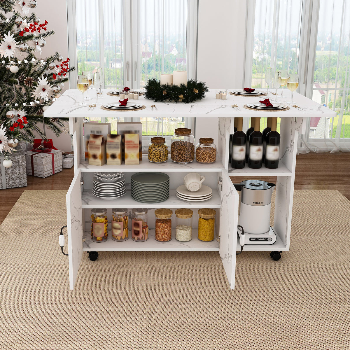 Multi-Functional Folding Table with Storage Shelves and Wheels, 47 Inch Foldable Dining Table for Small Spaces, Compact Desk for Kitchen, Dorm, Office(White)