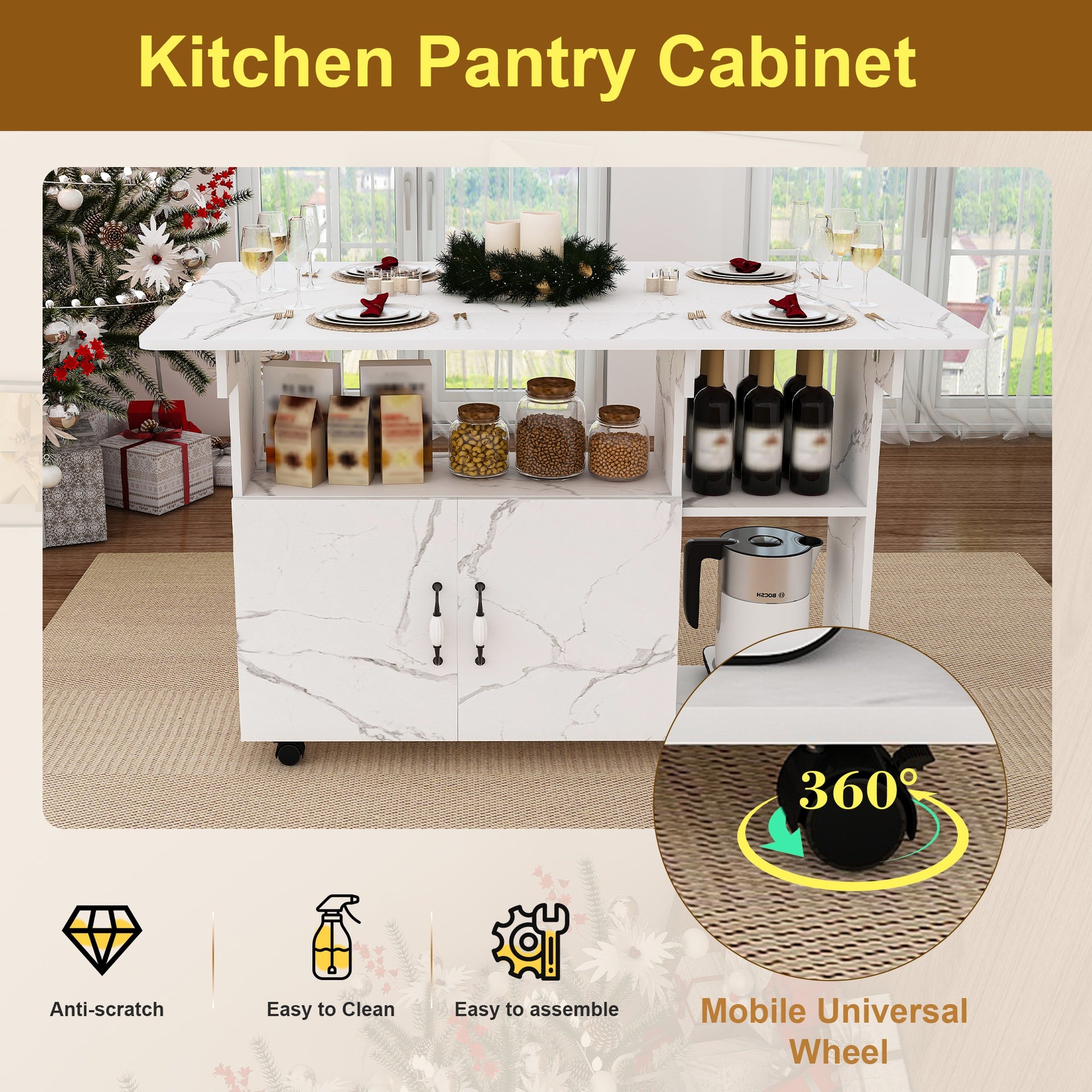 Multi-Functional Folding Table with Storage Shelves and Wheels, 47 Inch Foldable Dining Table for Small Spaces, Compact Desk for Kitchen, Dorm, Office(White)