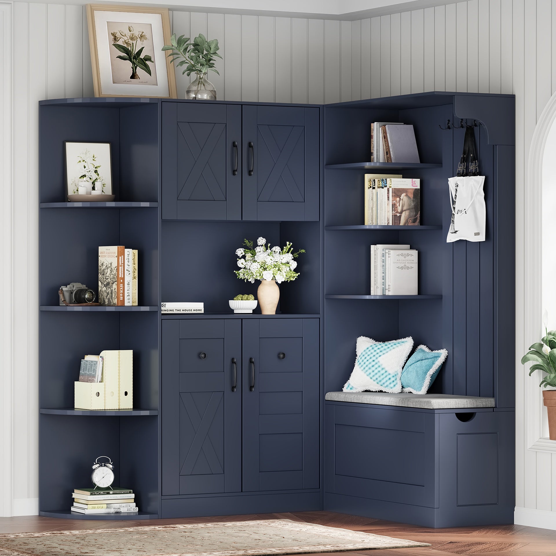 Multifunctional left-right combination hall cabinet (can be used separately) with storage and 4 hooks, storage cabinet/ hall tree 2 in 1 for living room, kitchen and hallway,  Antique Blue