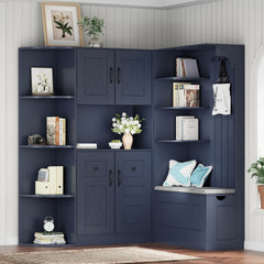 Multifunctional left-right combination hall cabinet (can be used separately) with storage and 4 hooks, storage cabinet/ hall tree 2 in 1 for living room, kitchen and hallway,  Antique Blue