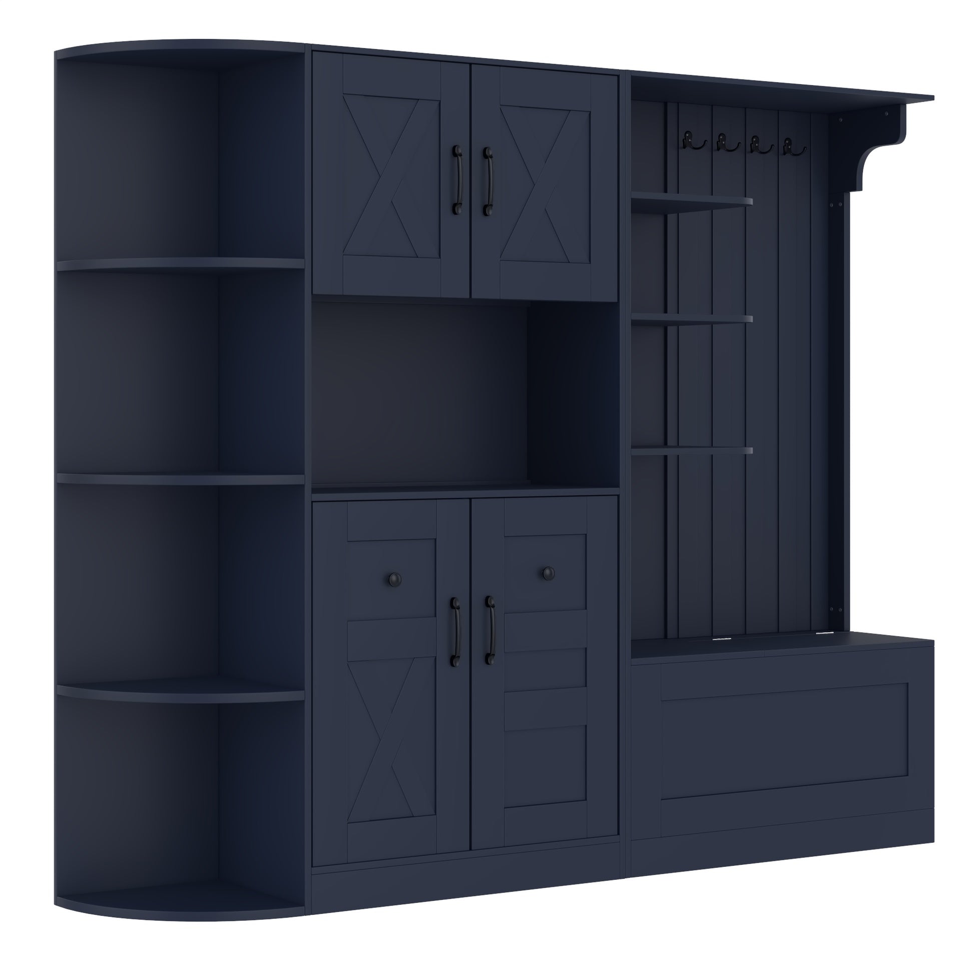 Multifunctional left-right combination hall cabinet (can be used separately) with storage and 4 hooks, storage cabinet/ hall tree 2 in 1 for living room, kitchen and hallway,  Antique Blue