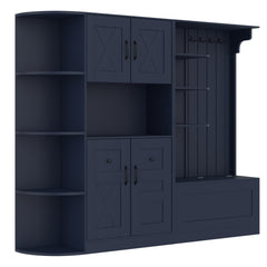 Multifunctional left-right combination hall cabinet (can be used separately) with storage and 4 hooks, storage cabinet/ hall tree 2 in 1 for living room, kitchen and hallway,  Antique Blue