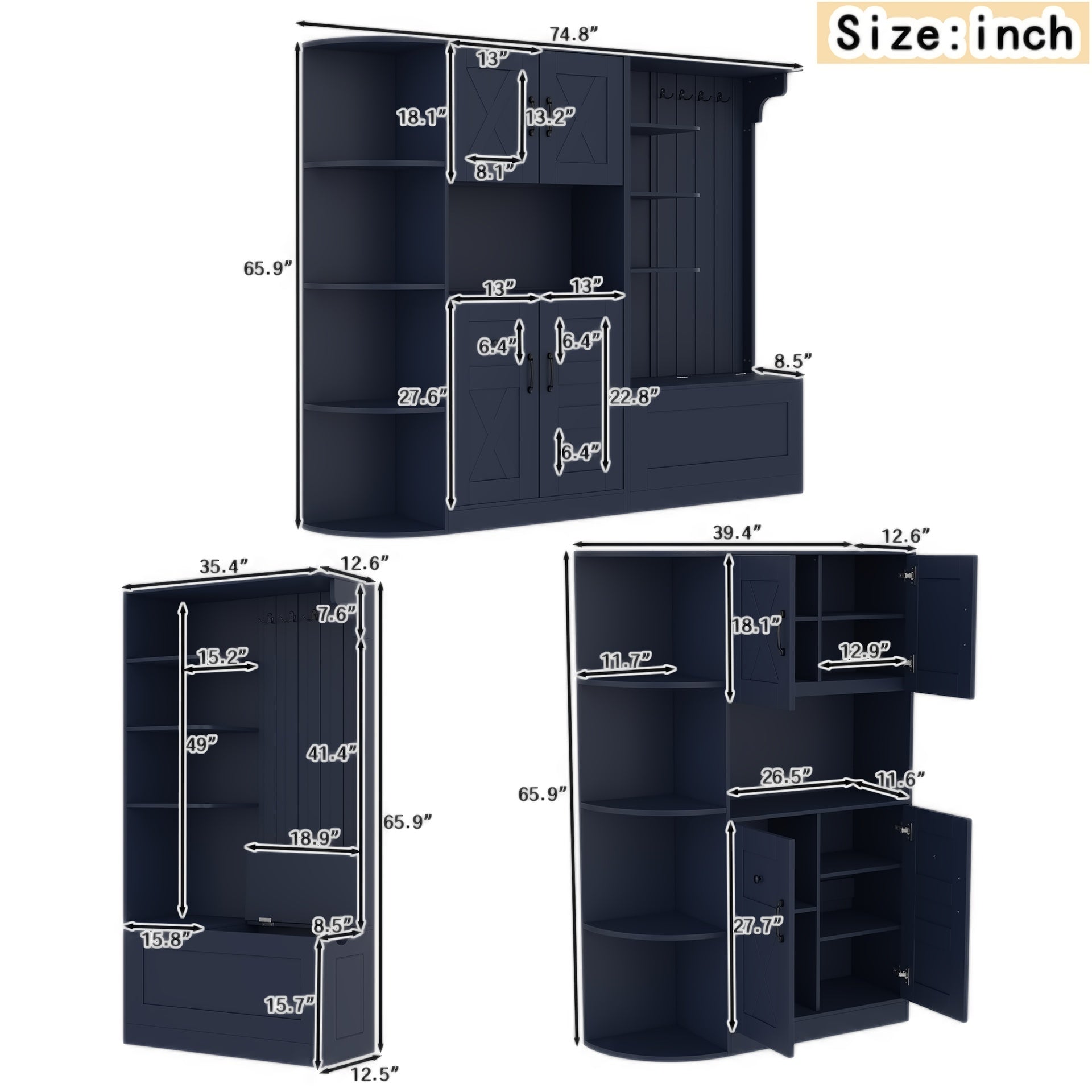 Multifunctional left-right combination hall cabinet (can be used separately) with storage and 4 hooks, storage cabinet/ hall tree 2 in 1 for living room, kitchen and hallway,  Antique Blue