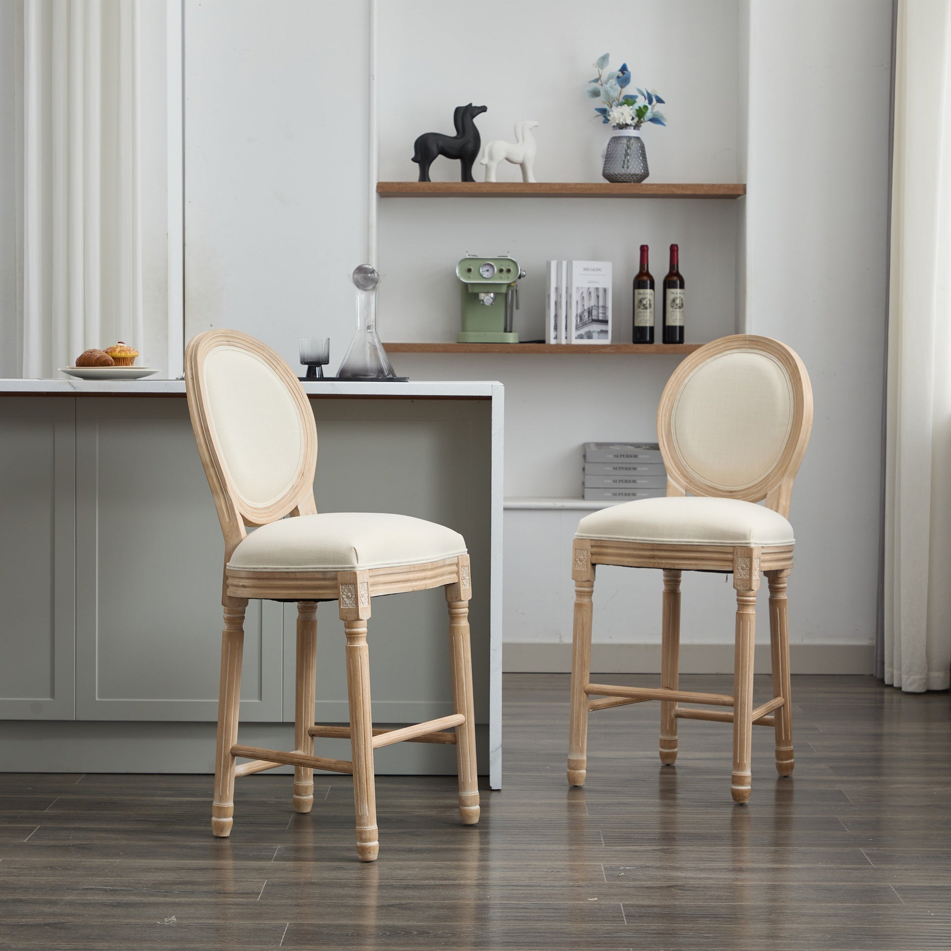 Solid Wood Bar stools Set of 2, Classic French Country Wooden Barstools with Upholstered Seating