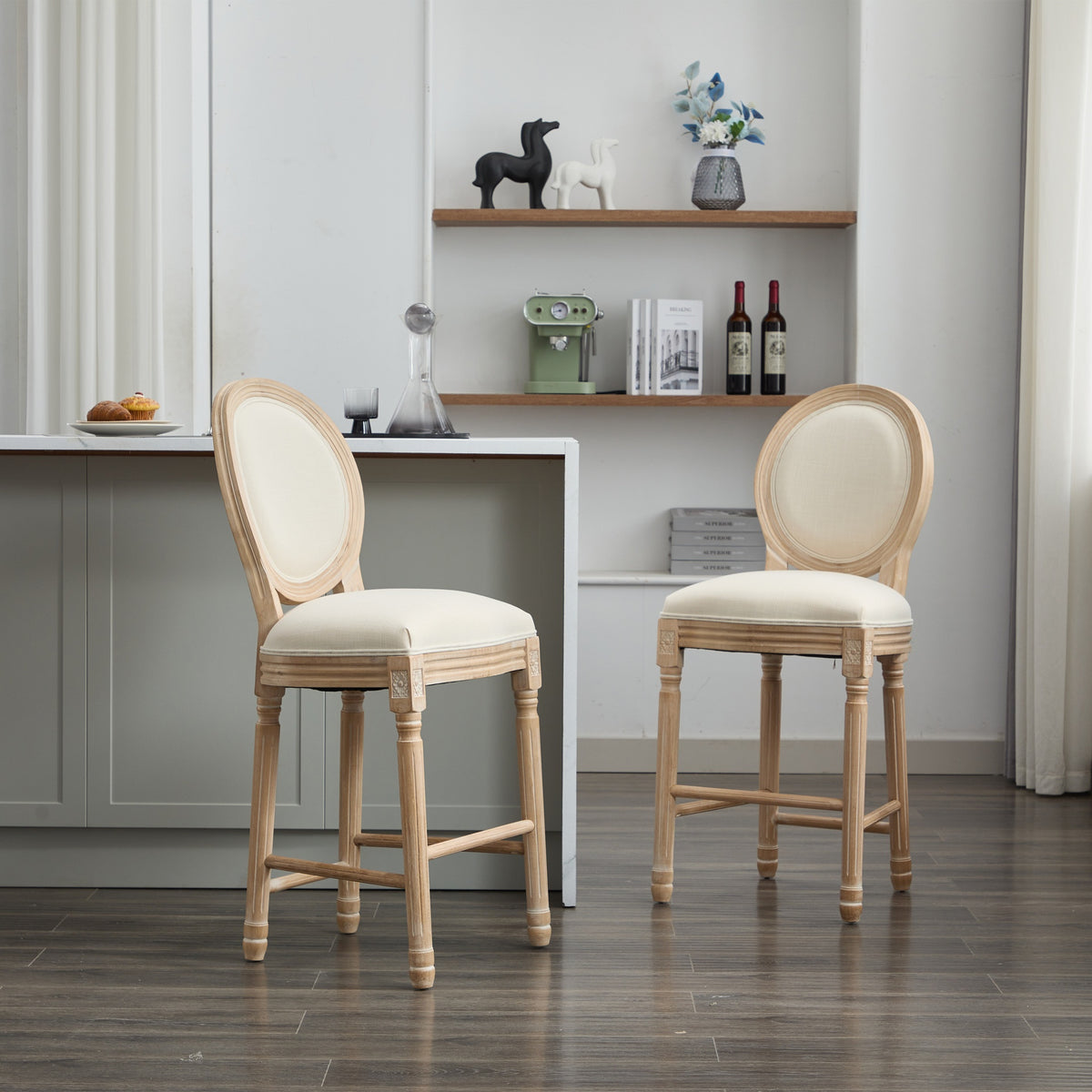 Solid Wood Bar stools Set of 2, Classic French Country Wooden Barstools with Upholstered Seating