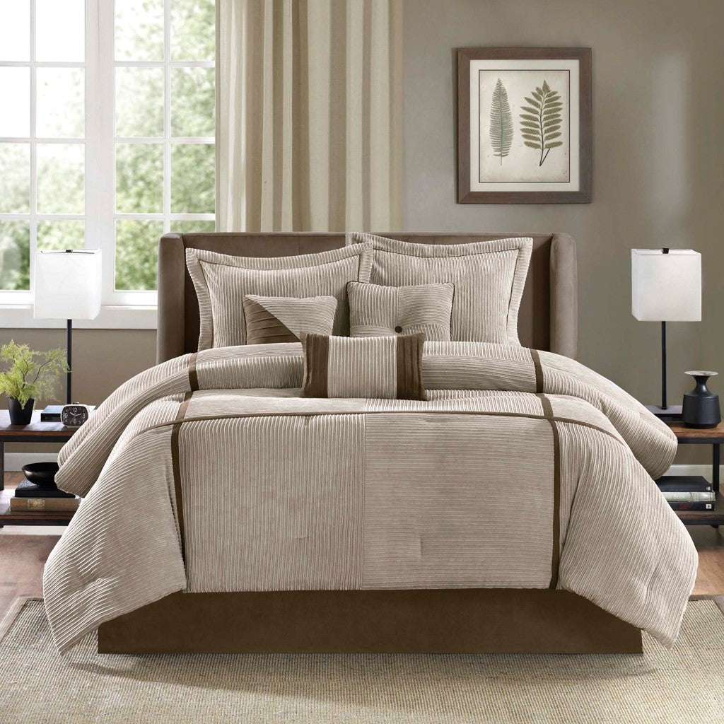 7 Piece Micro Corduroy Comforter Set Taupe Cal King
