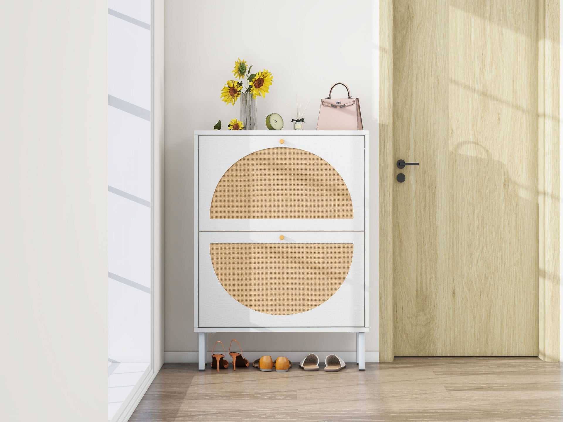 2 Door Shoe Rack, Rattan, Double Layer, Suitable for Living Room, Hallway