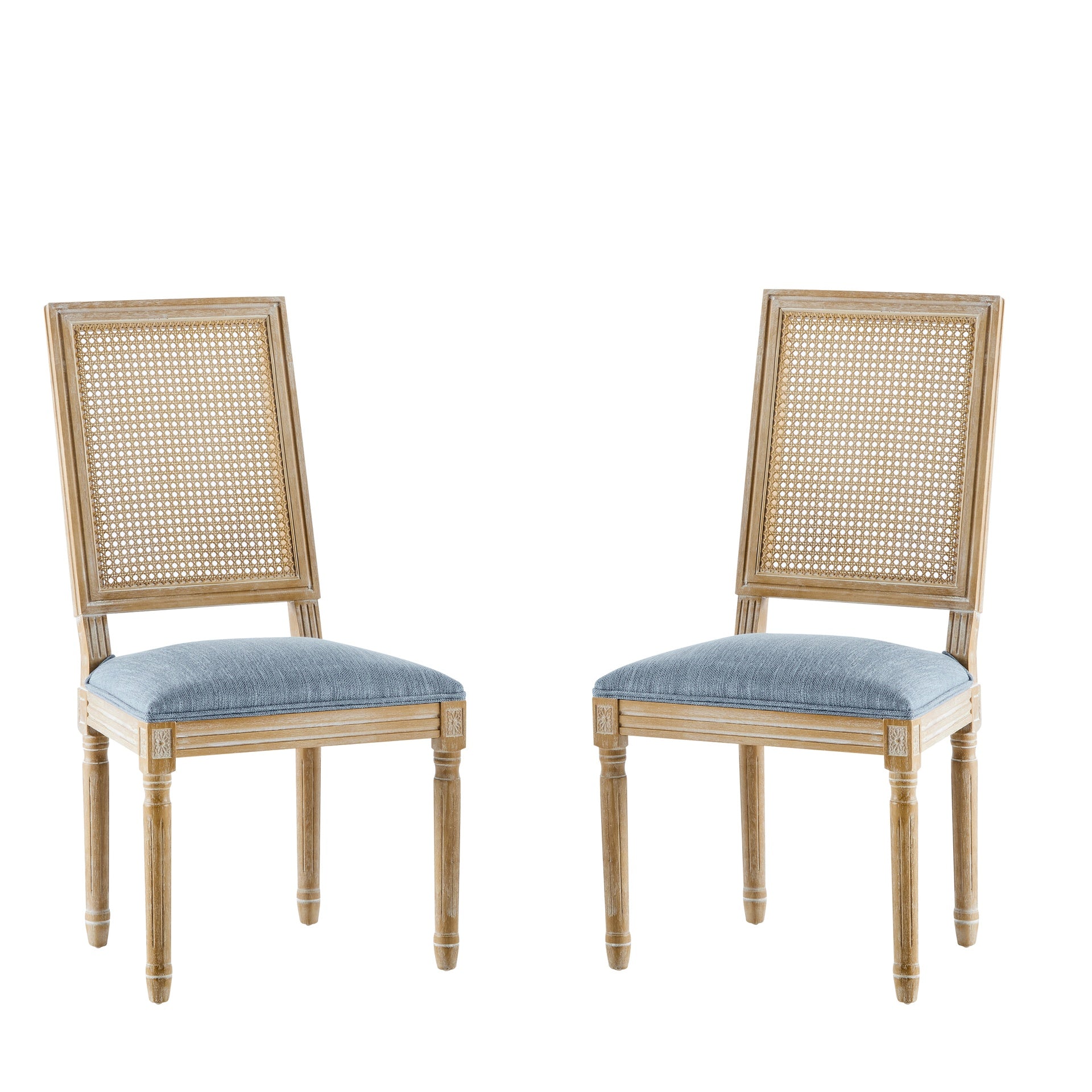 [Set of 2] French Country Dining Chairs - Elegant Cane Backrest & Upholstered Seats with Fluted Legs - Rustic Weathered Finish - Solid Rubberwood Frame - Vintage Inspired Kitchen & Dining Room Chairs