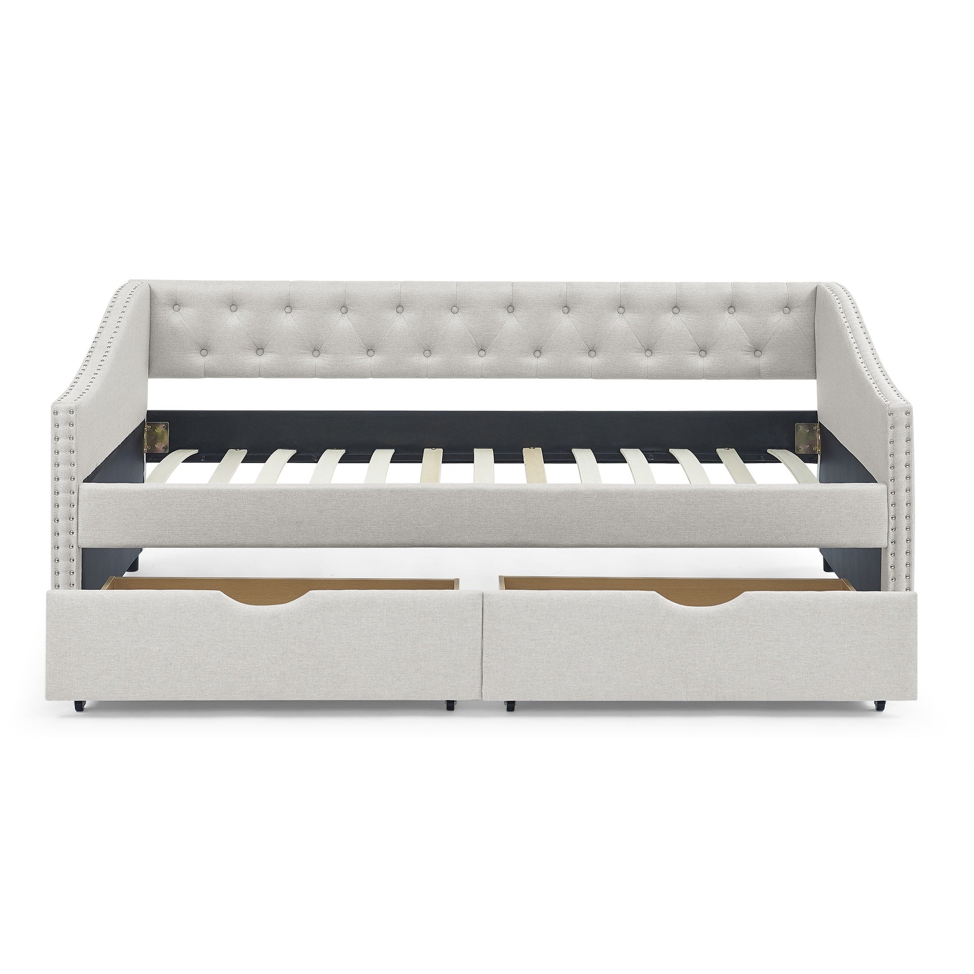 Twin Size Daybed with Drawers Upholstered Tufted Sofa Bed, with Button on Back and Copper Nail on Waved Shape Arms, Beige(81.5''x41''x30.5'')