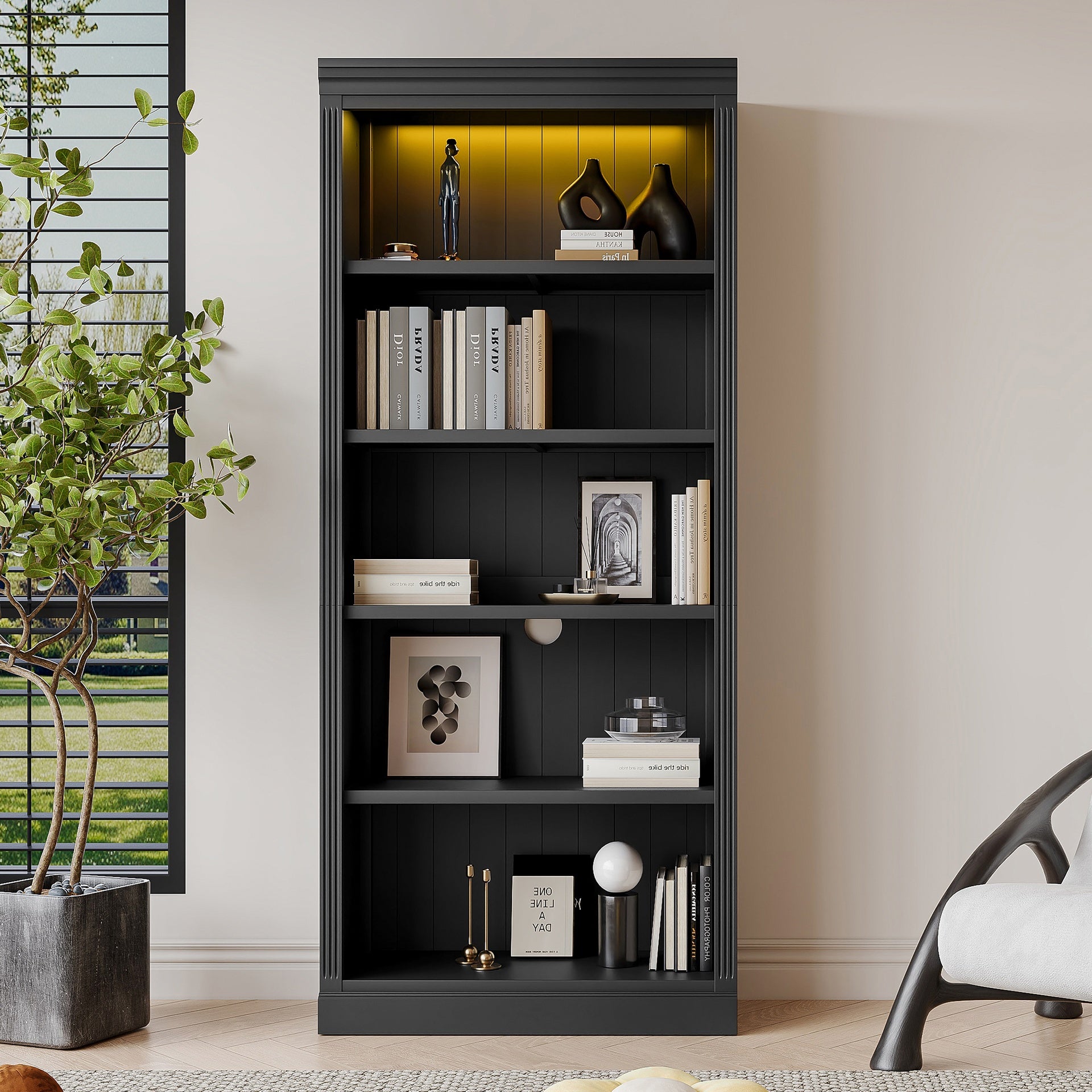 83.4" Tall Wood Bookcase with light strip,5-Tier Decor Bookshelves with Adjustable Shelves,Storage Organizer for CDs/Books/Movies,Free Standing Storage Shelves for Living Room,Home Office,Black