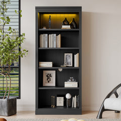 83.4" Tall Wood Bookcase with light strip,5-Tier Decor Bookshelves with Adjustable Shelves,Storage Organizer for CDs/Books/Movies,Free Standing Storage Shelves for Living Room,Home Office,Black