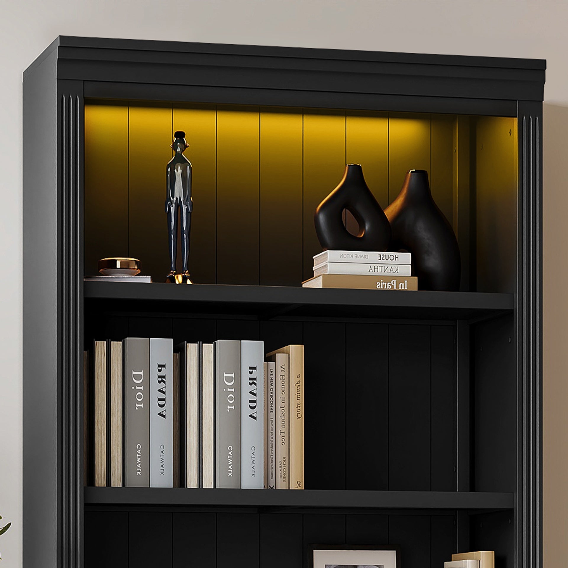 83.4" Tall Wood Bookcase with light strip,5-Tier Decor Bookshelves with Adjustable Shelves,Storage Organizer for CDs/Books/Movies,Free Standing Storage Shelves for Living Room,Home Office,Black