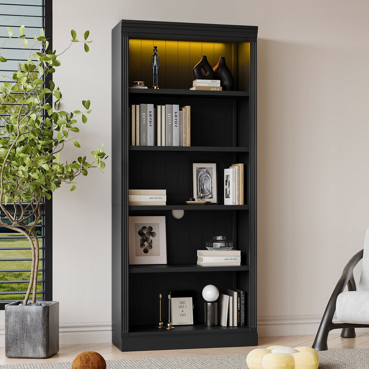 83.4" Tall Wood Bookcase with light strip,5-Tier Decor Bookshelves with Adjustable Shelves,Storage Organizer for CDs/Books/Movies,Free Standing Storage Shelves for Living Room,Home Office,Black
